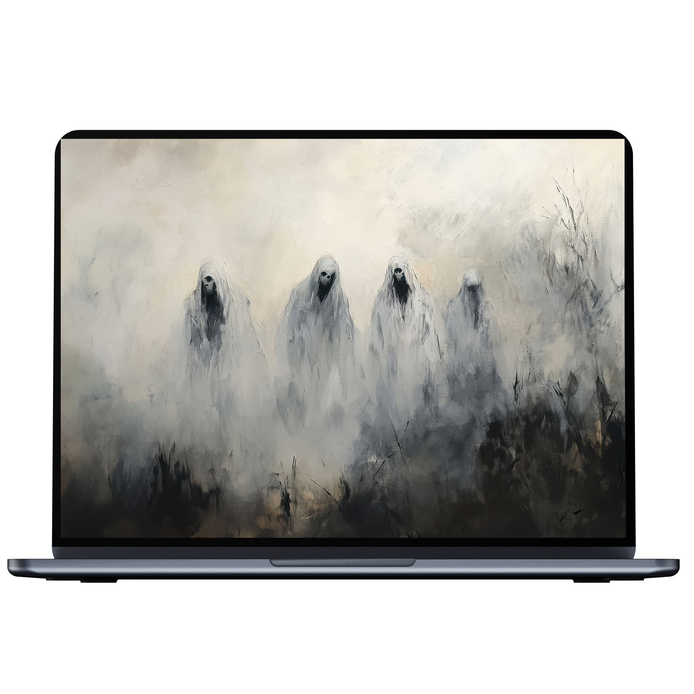 Ethereal halloween desktop wallpaper captures ghostly figures in misty gray tones perfect for pc digital download and laptop screens
