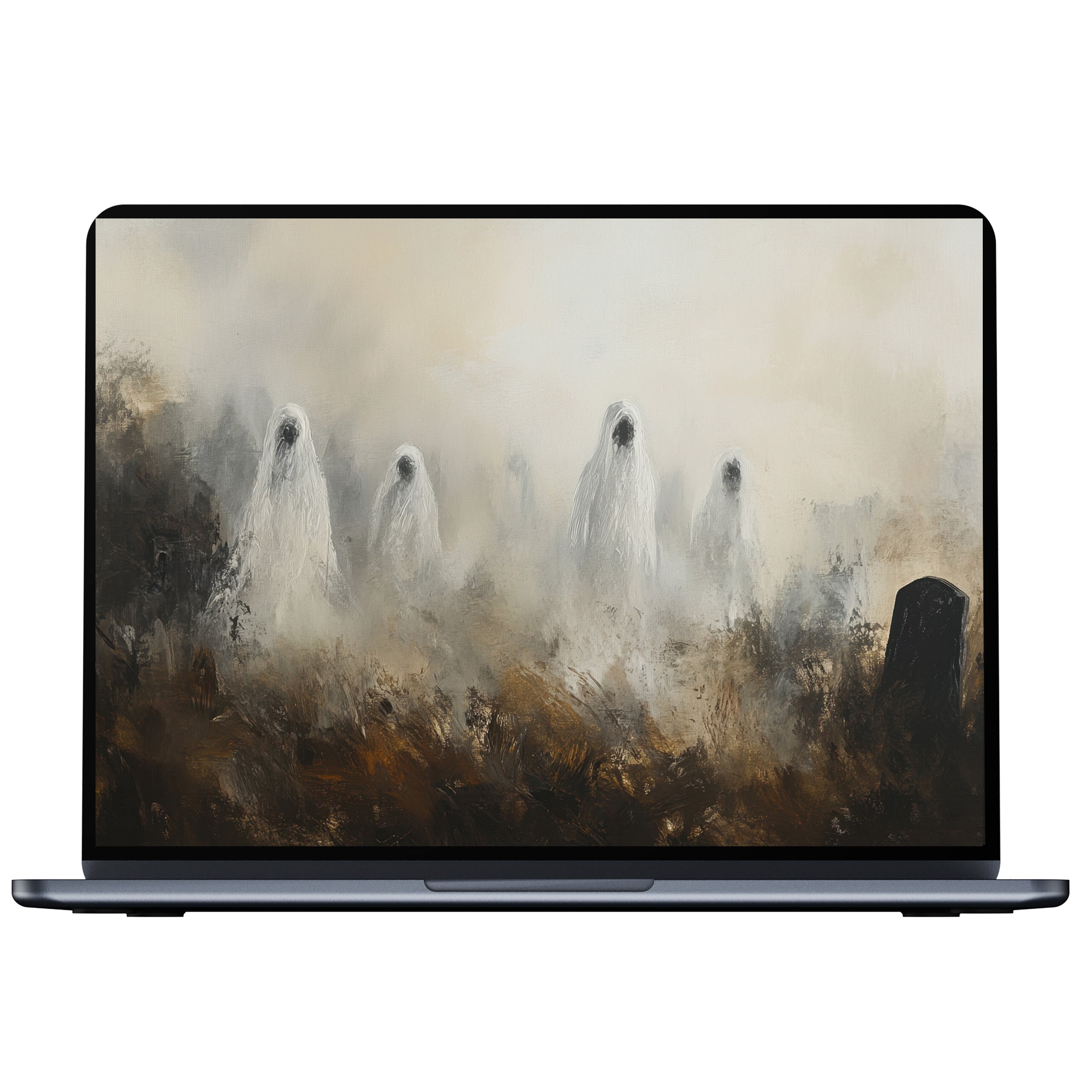 Ethereal mist with ghostly figures in Halloween desktop wallpaper digital download perfect for PC and laptop elegance