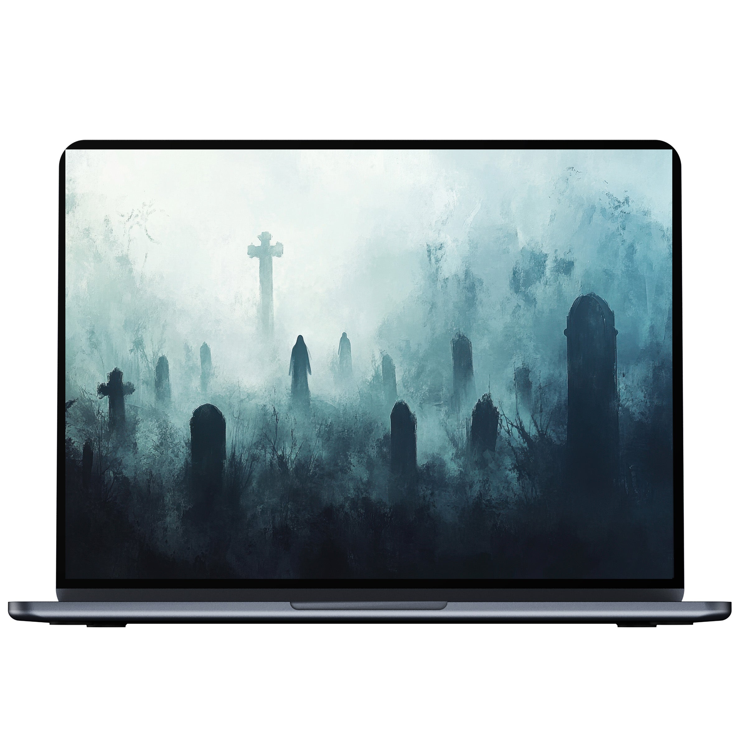 Ethereal Halloween desktop wallpaper featuring misty graveyard scene evokes calm and elegance, ideal for PC or laptop digital download