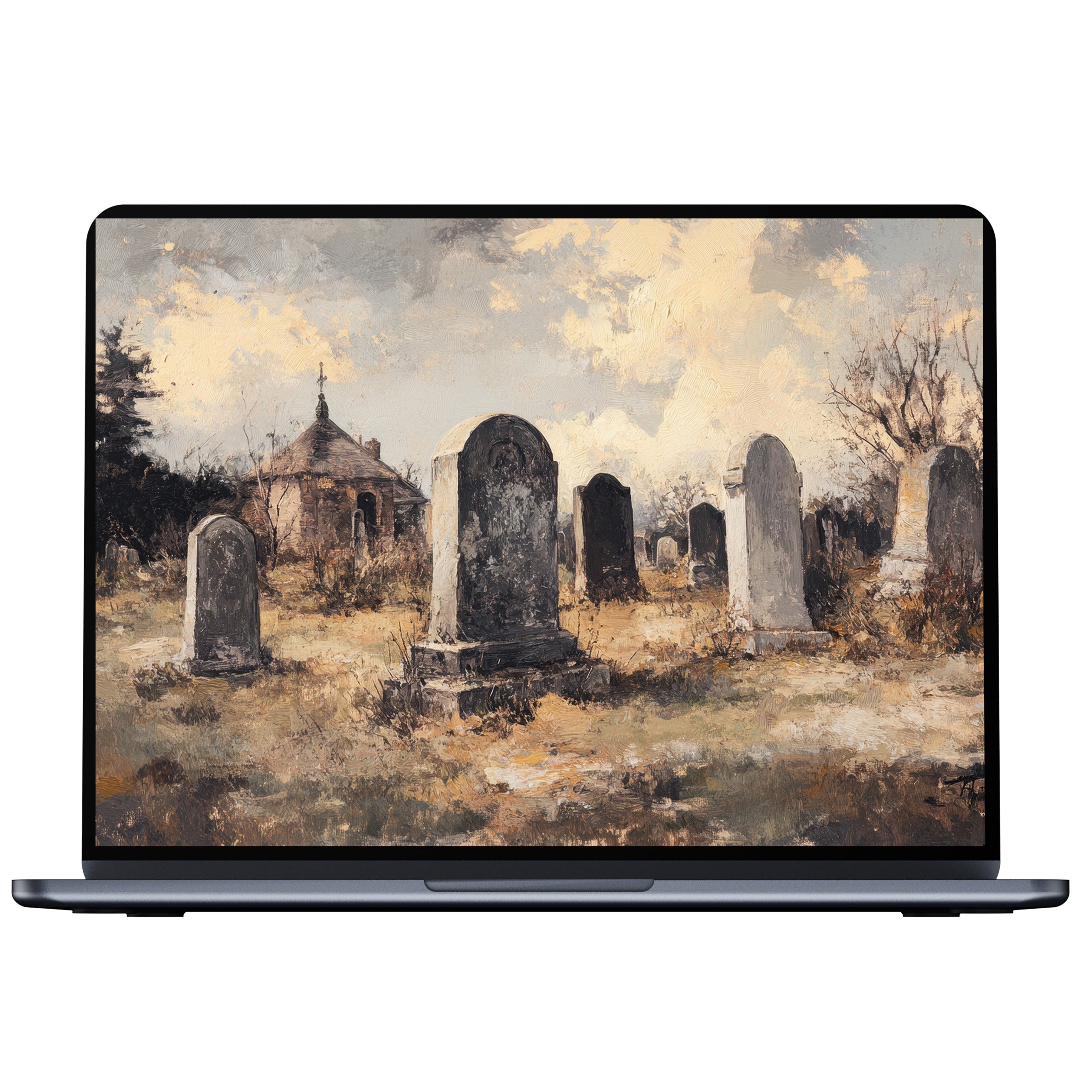 Serene Halloween desktop wallpaper featuring a vintage graveyard art style with moody textures for PC and laptop digital download