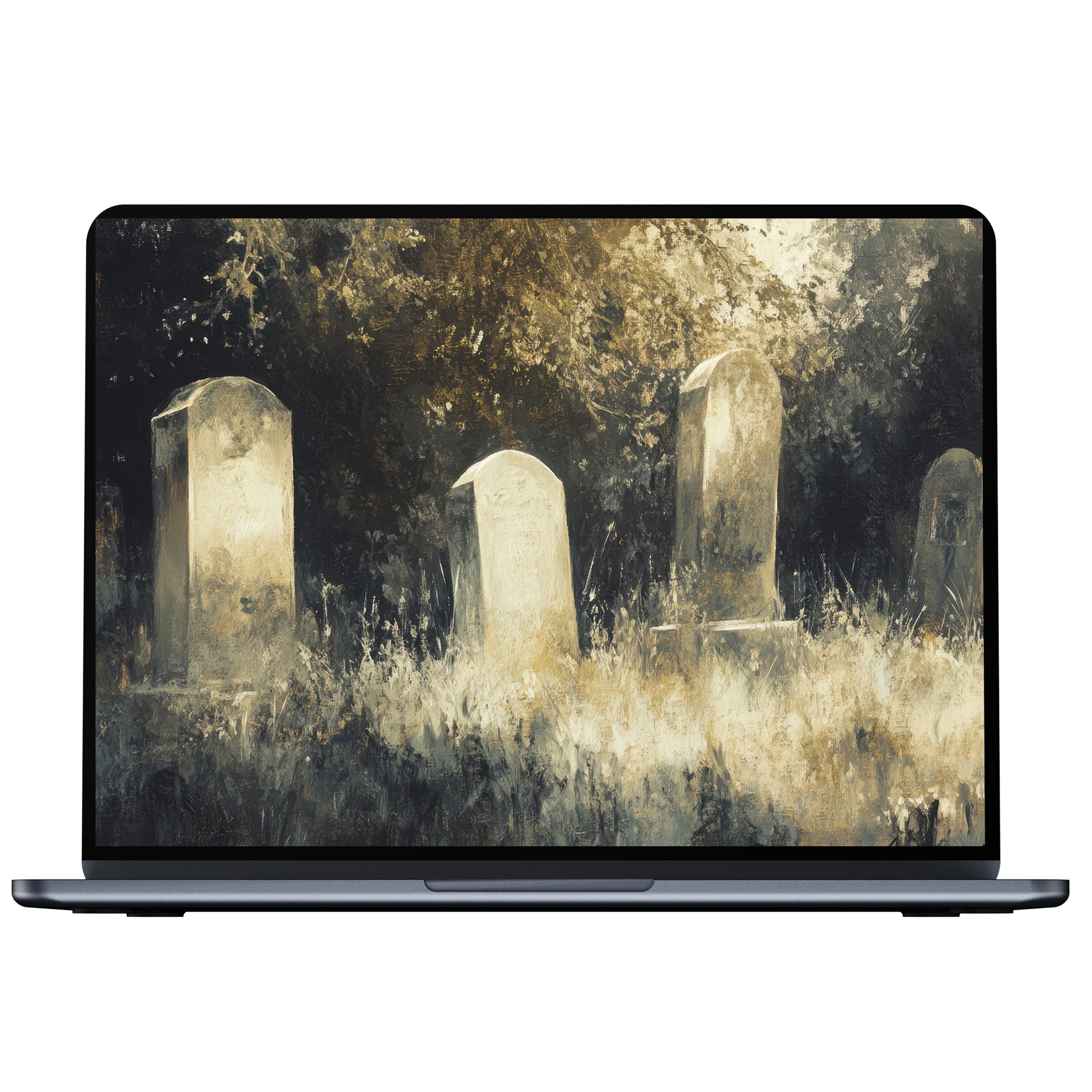 Halloween desktop wallpaper featuring serene gravestones in misty blues and grays, ideal digital download for PC or laptop backgrounds