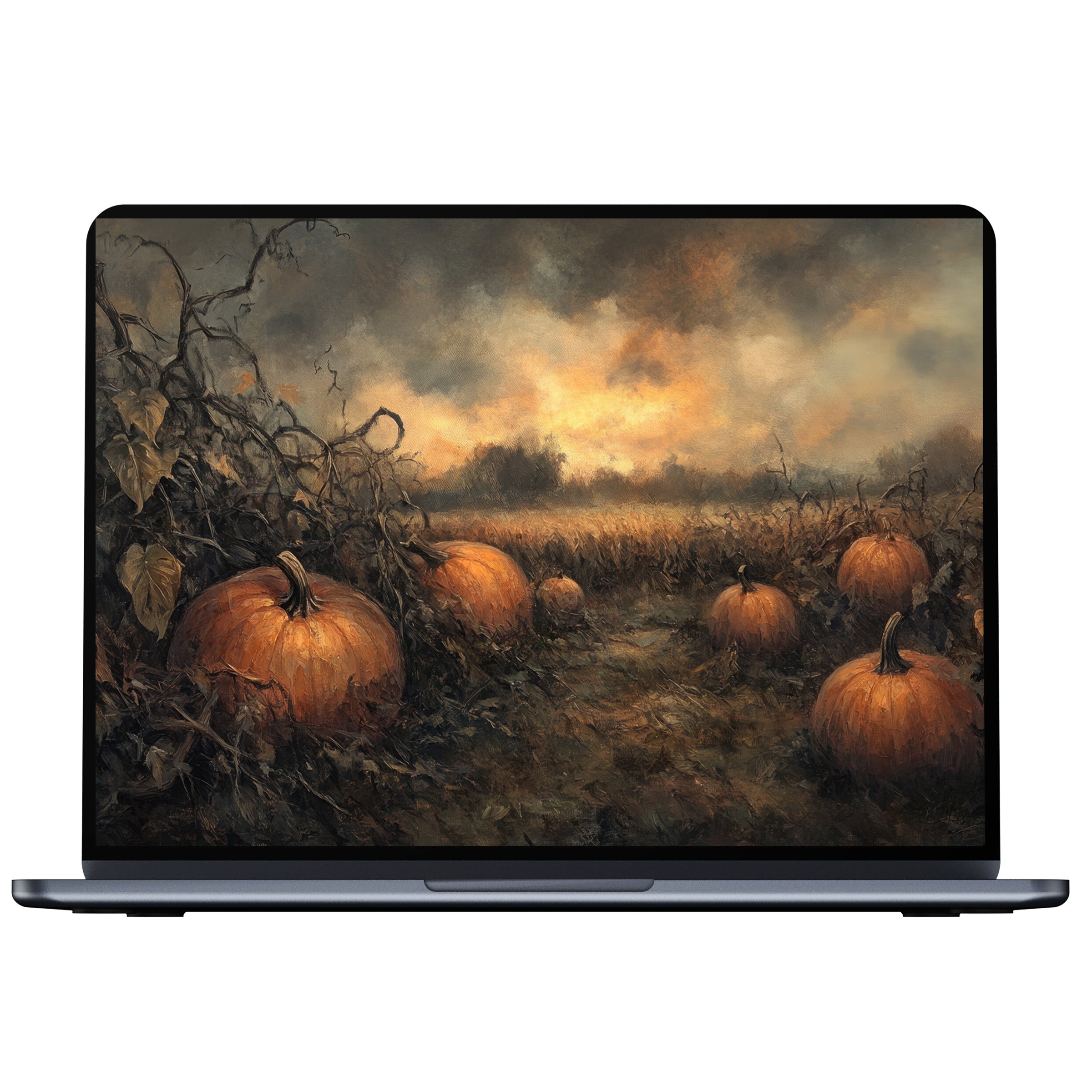 Halloween desktop wallpaper digital download featuring an elegant pumpkin field at dusk for PC and Laptop creating a serene ambiance