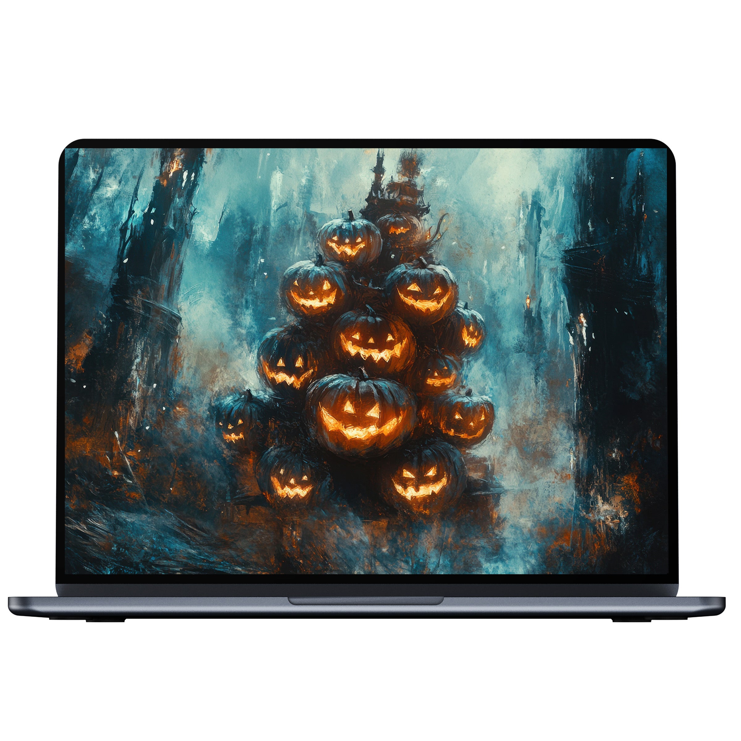 Halloween desktop wallpaper featuring an artistic stack of glowing pumpkins in a mystical forest setting digital download for PC and laptop