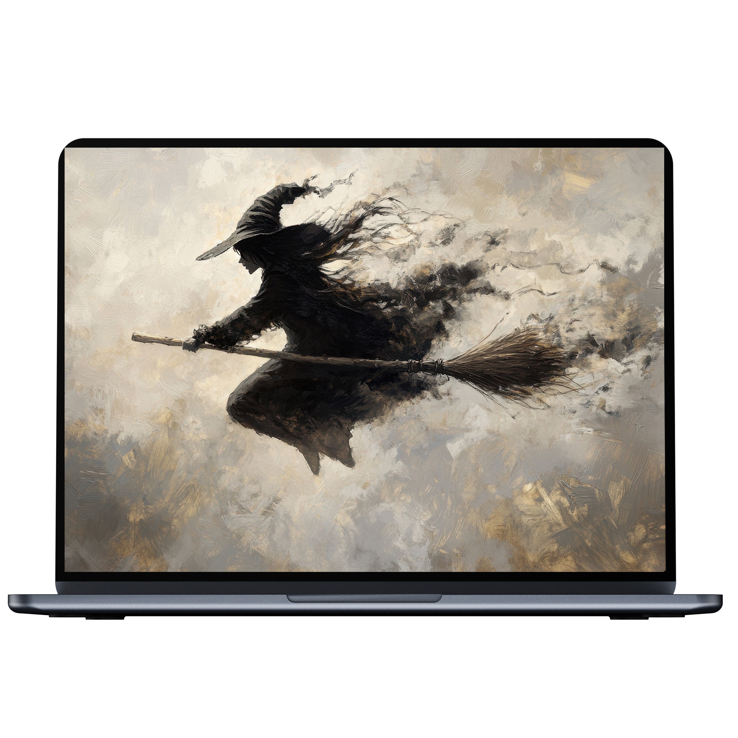 Elegant Halloween digital download featuring a witch silhouette in ethereal tones perfect as desktop wallpaper for PC or laptop