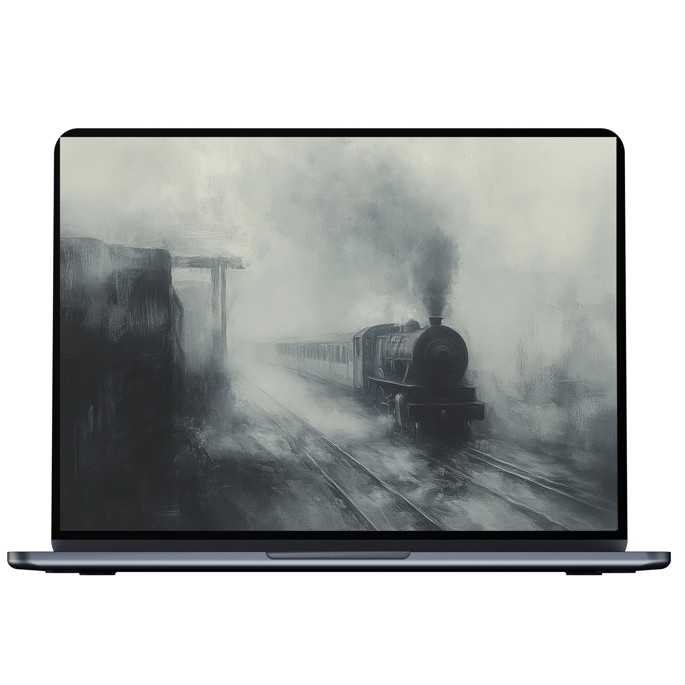 Halloween desktop wallpaper featuring a misty train journey, offering calm and elegance for PC and laptops as a digital download