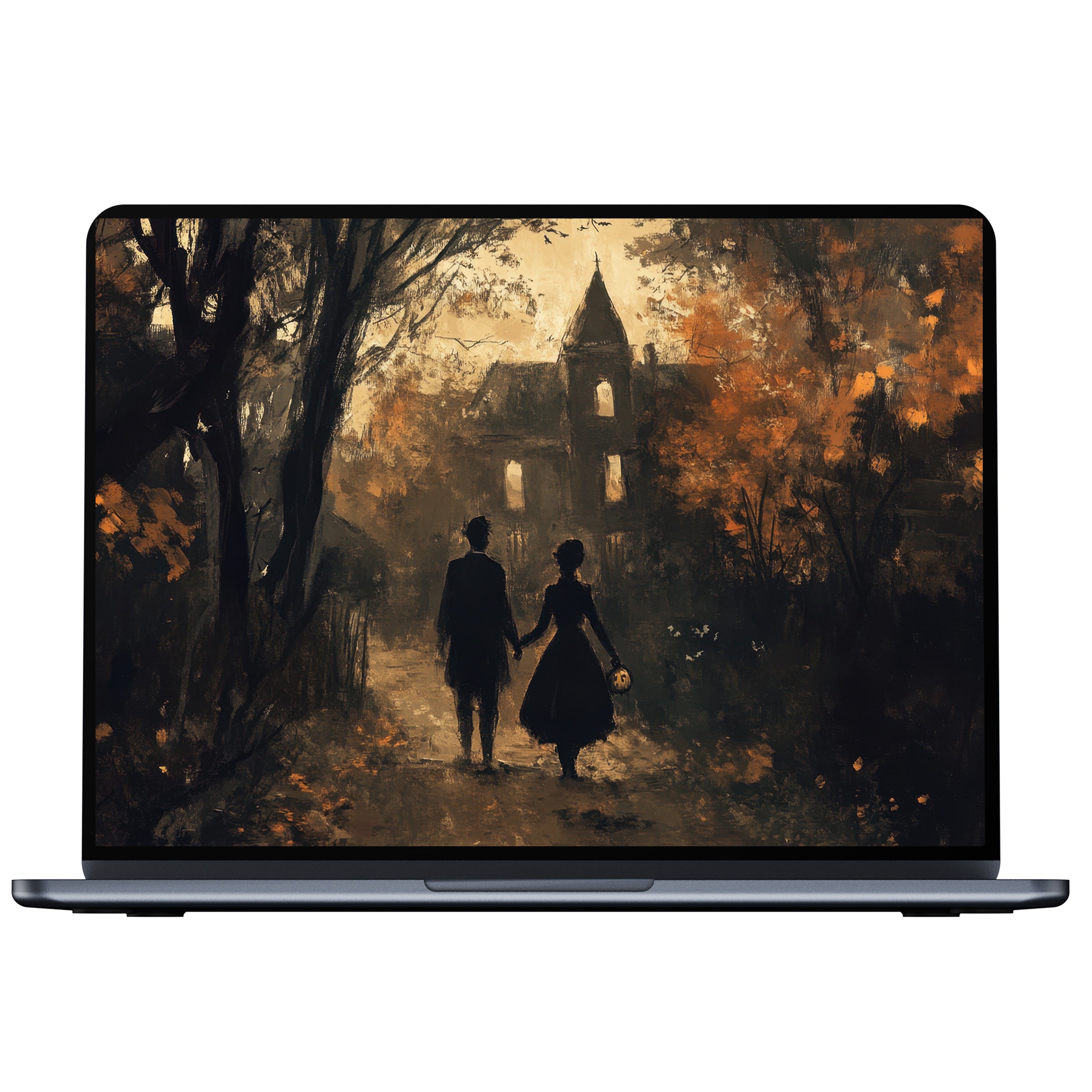 Halloween desktop wallpaper digital download featuring a couple in a haunted autumn scene, perfect for inspiring calm on PC or laptop