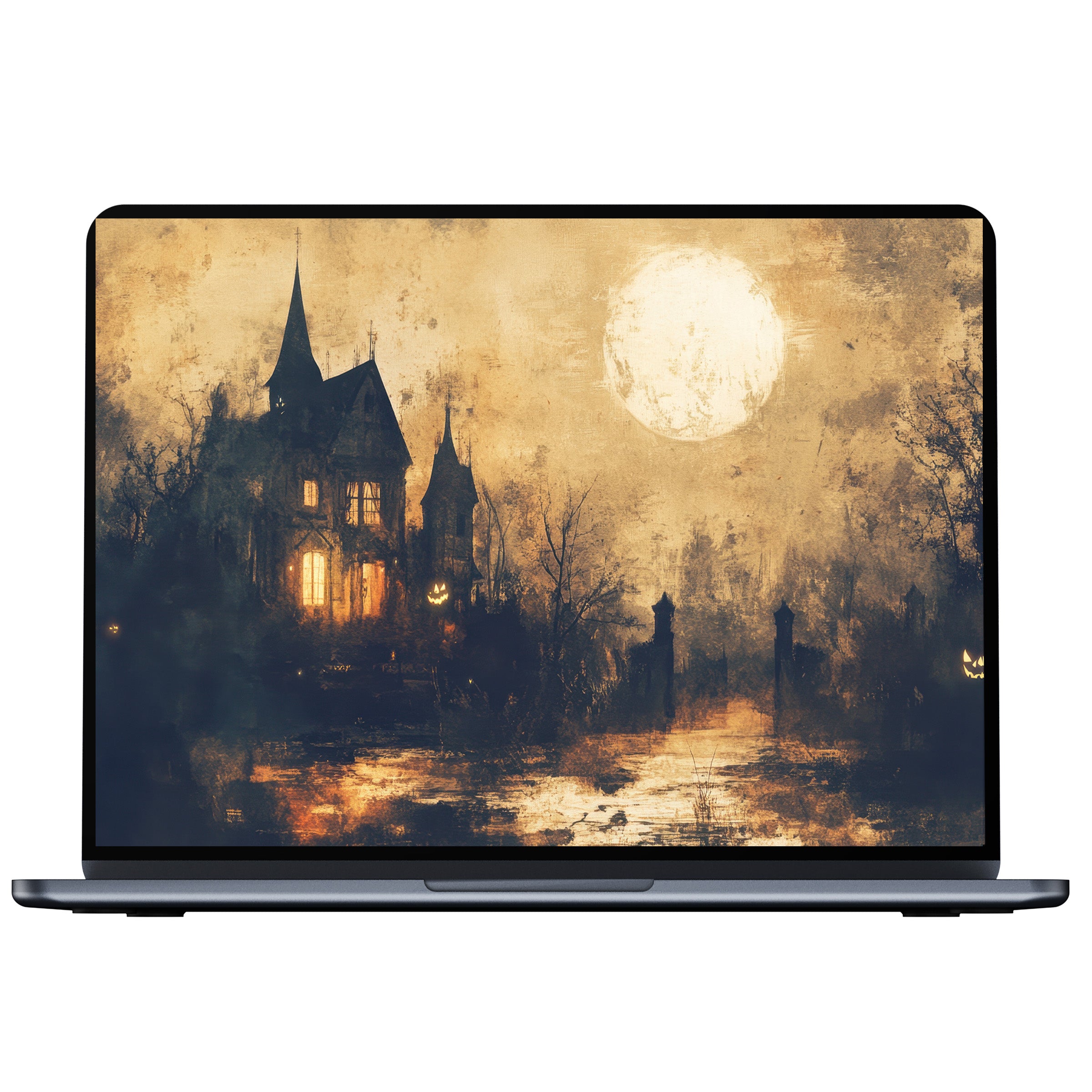 Halloween desktop wallpaper with a mystical moonlit castle scene, ideal for PC and laptop digital download, evokes calm elegance