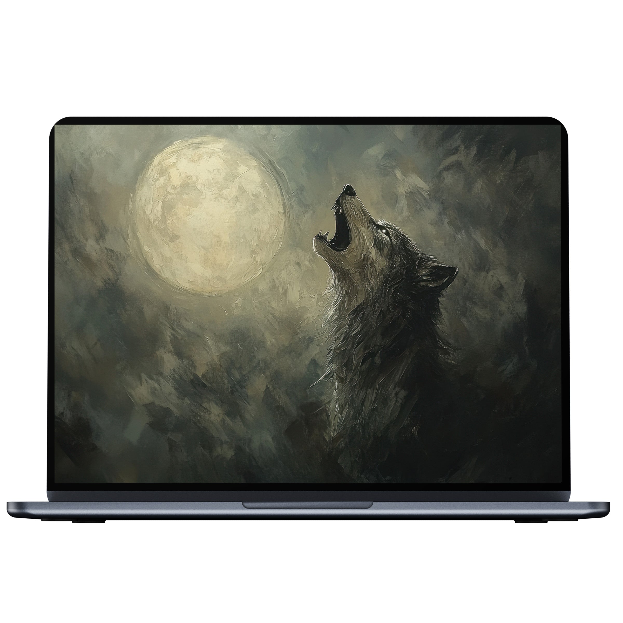 Elegant halloween desktop wallpaper features a wolf howling at a full moon in digital download for PC and laptop screens