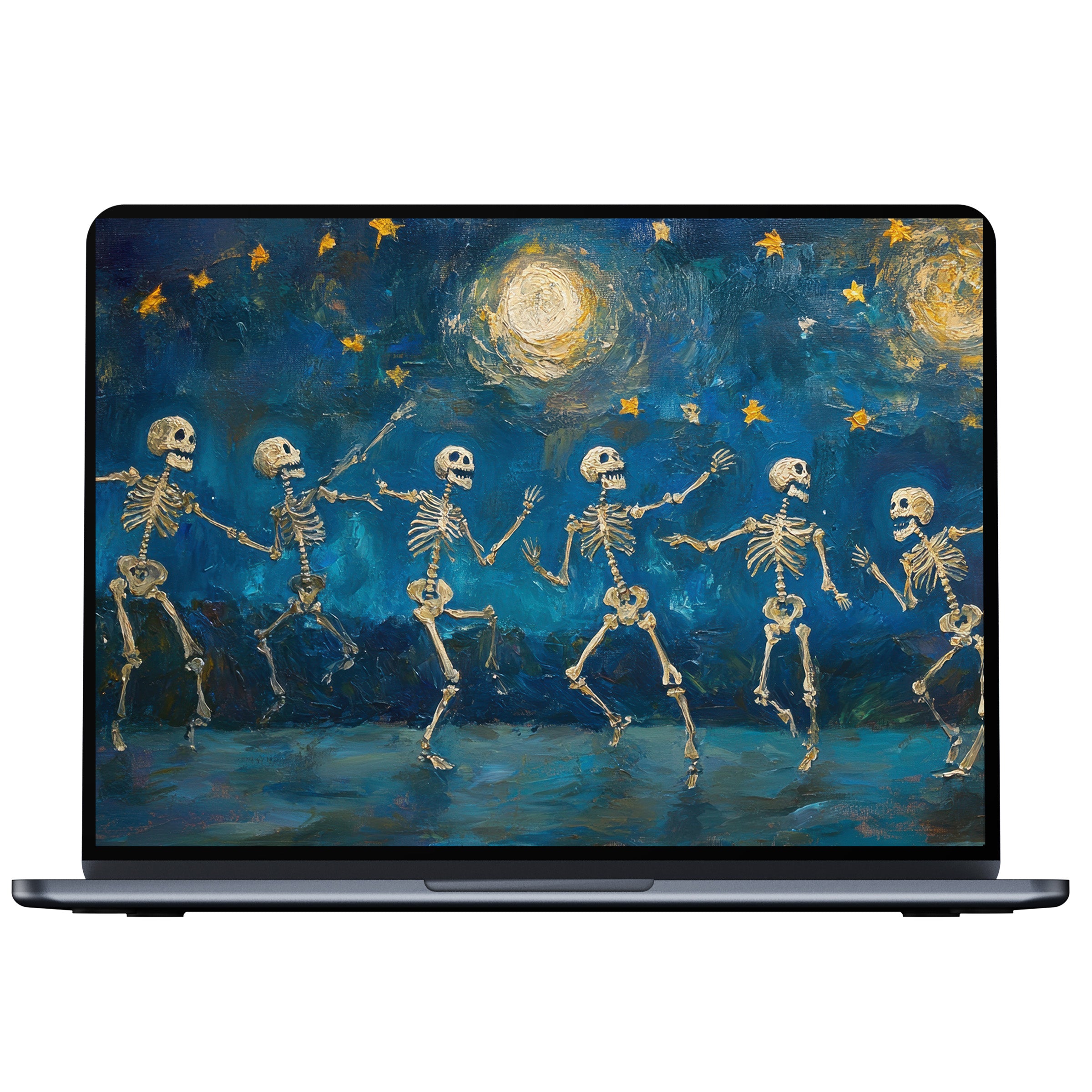 Halloween desktop wallpaper with dancing skeletons under a starry sky for PC or laptop digital download adds serene elegance