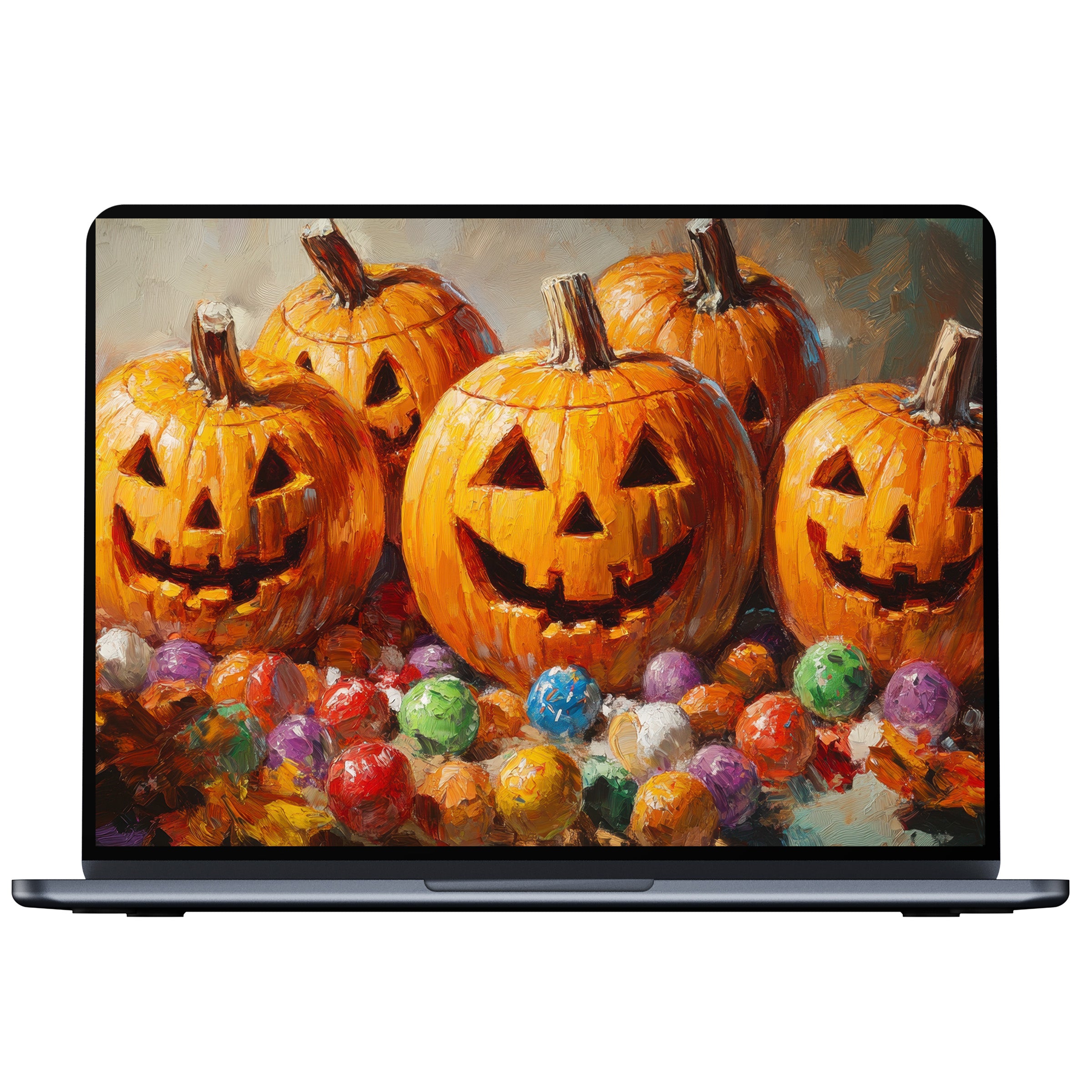 Vibrant halloween desktop wallpaper featuring artistic pumpkins and colorful spheres for inspiring digital download on pc and laptop