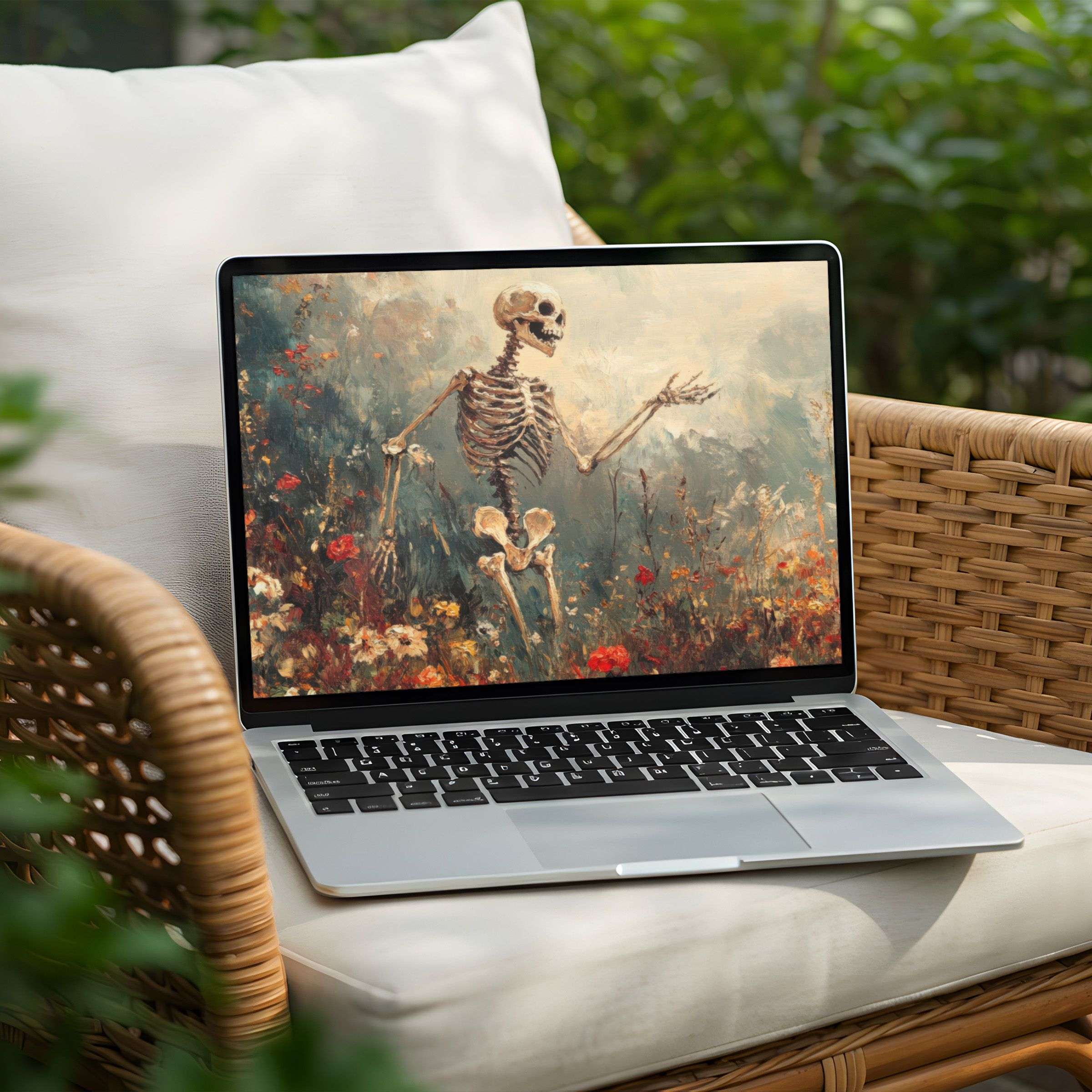 Inspire mindfulness with this elegant desktop background featuring a serene skeleton amidst flowers for instant download on PC or Laptop
