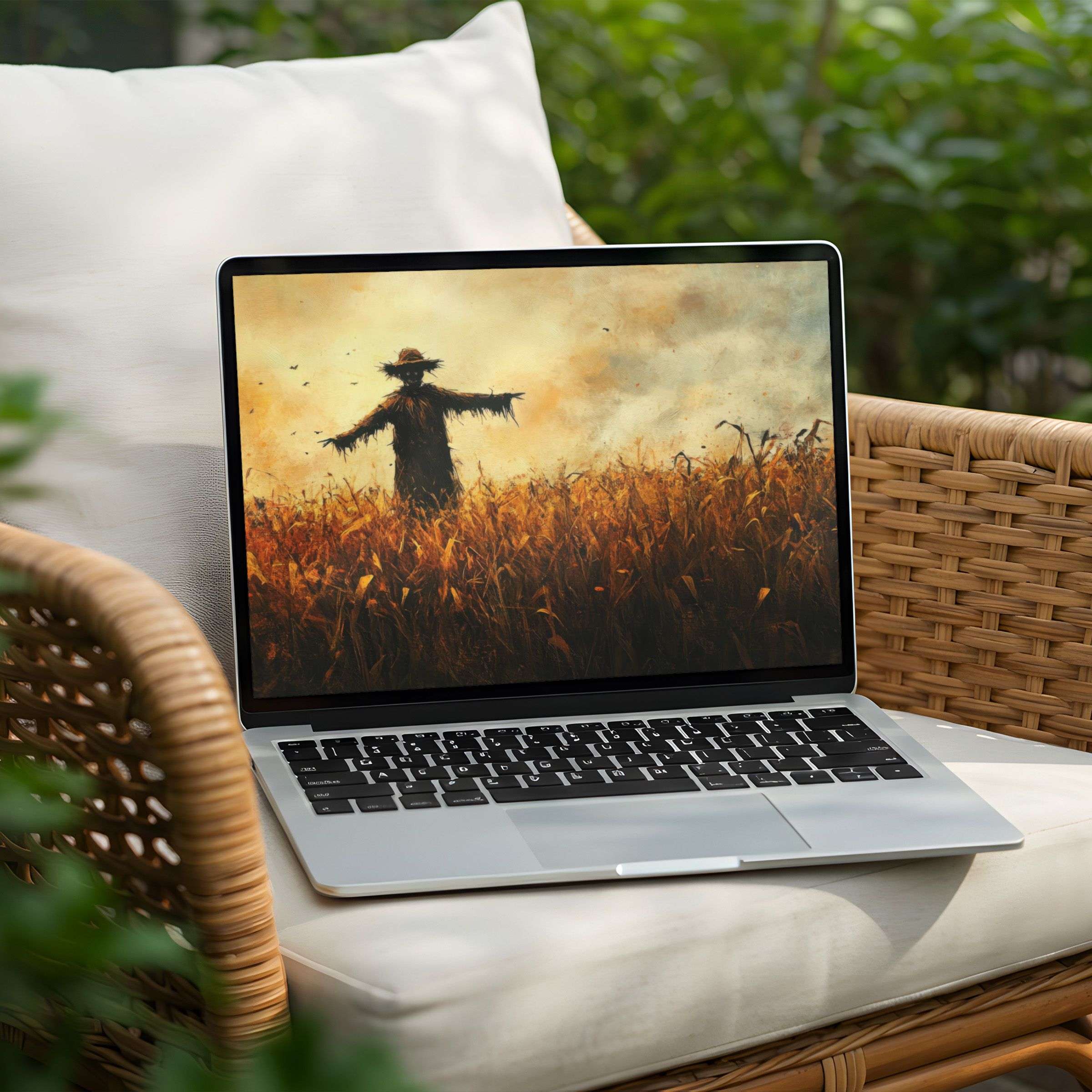 Inspirational scarecrow desktop background for Laptop or PC Instant download fosters elegance and mindfulness with warm tones