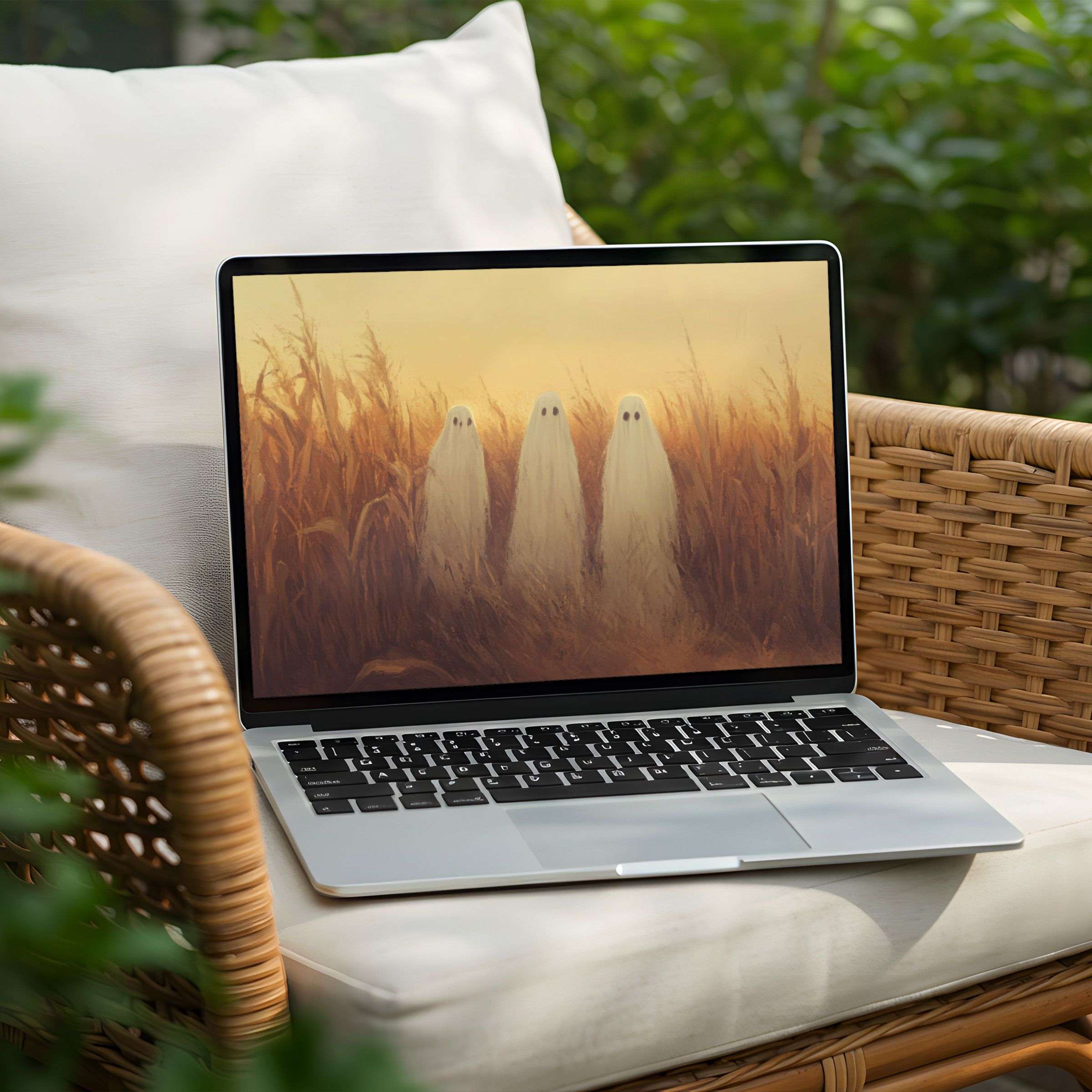 Elegant desktop background featuring serene ghostly figures in a golden field for instant download on PC or Laptop use