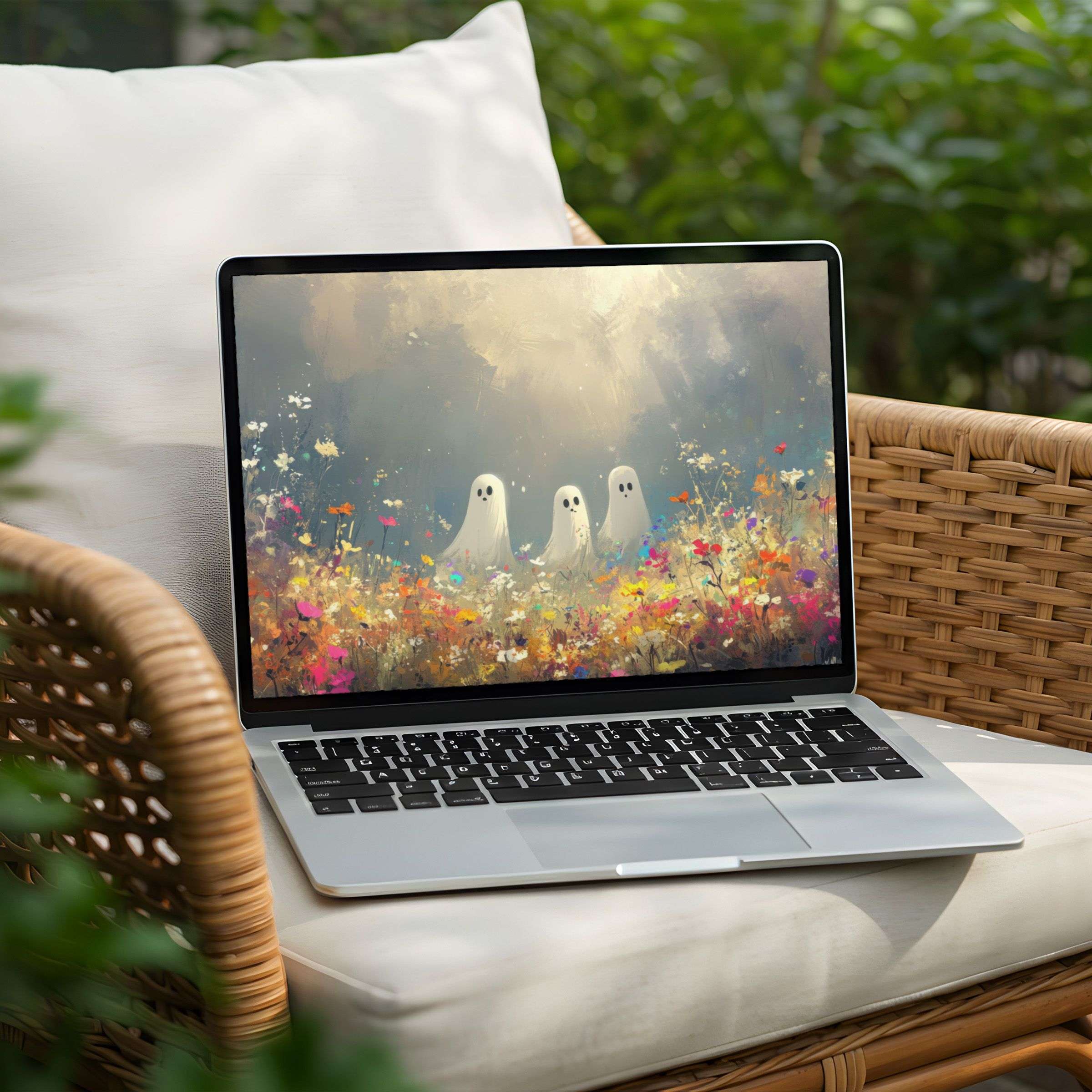 Ghostly figures in a serene wildflower field create a calming desktop background for PC or Laptop with instant download