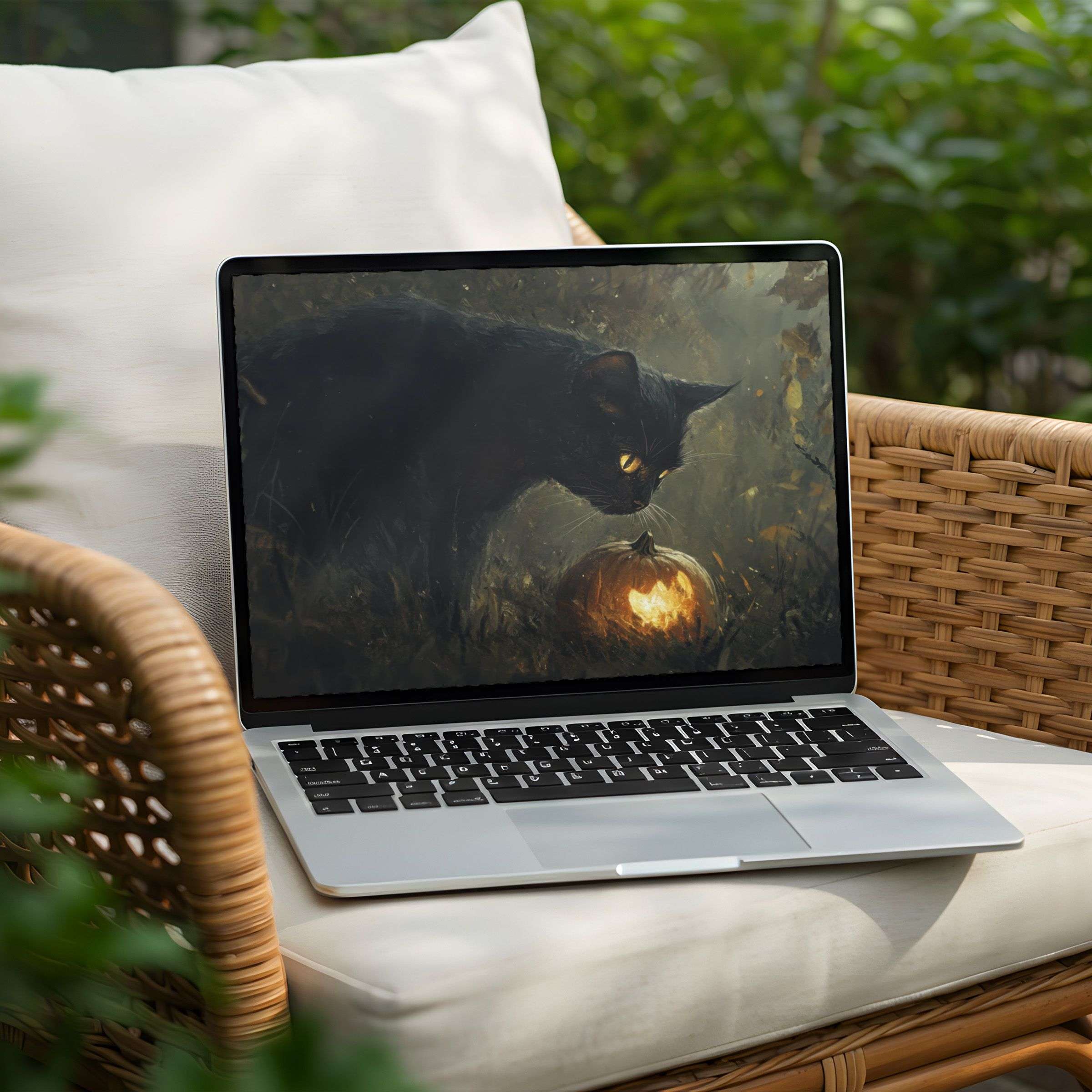 Elegant black cat and glowing pumpkin digital art for desktop background on PC or Laptop inspires calm instant download