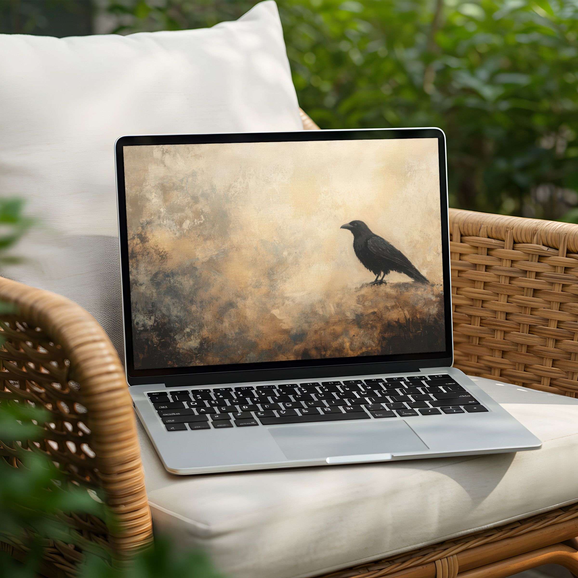 Elegant desktop background featuring a serene crow on abstract canvas, available for instant download to enhance your PC or Laptop ambiance