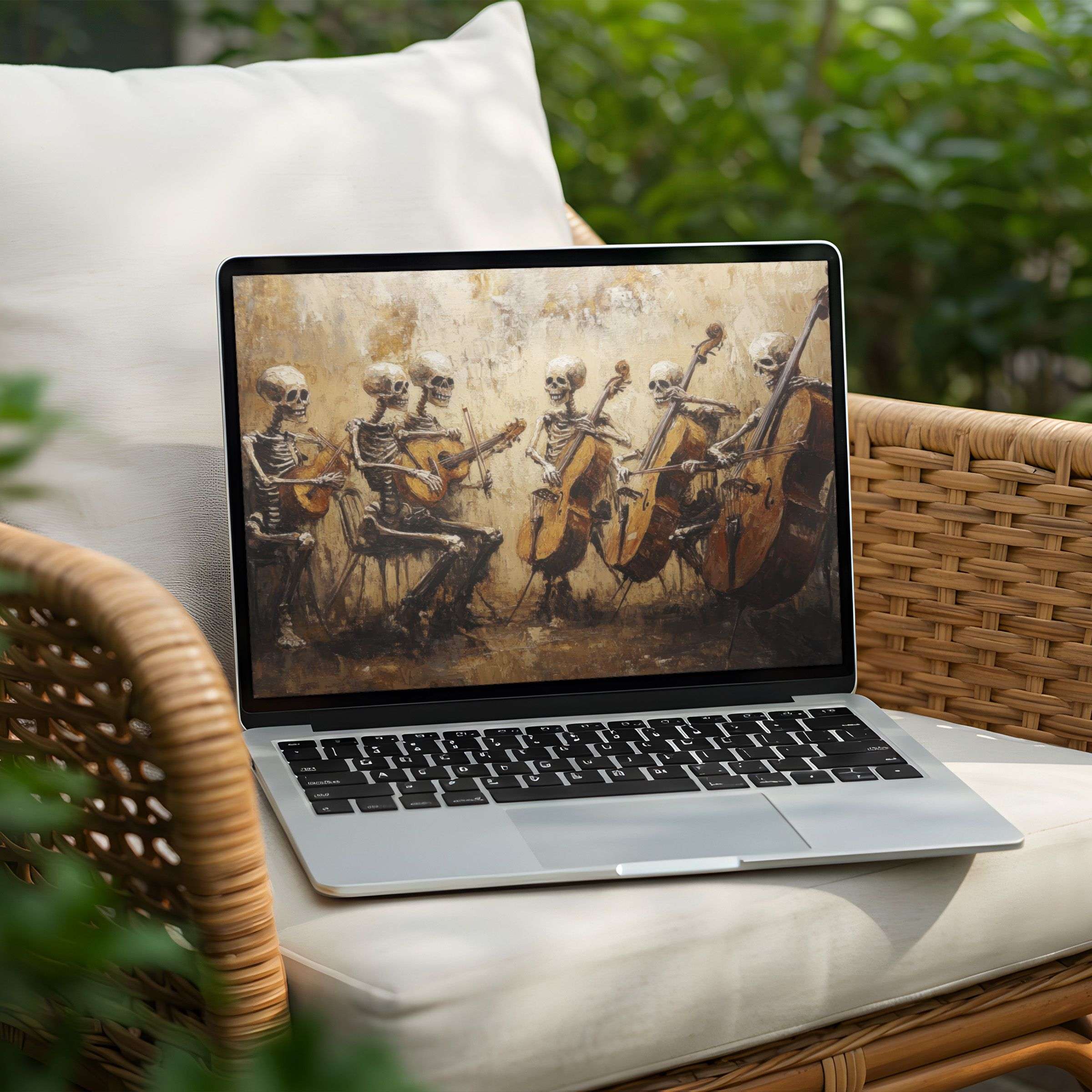 Elegantly haunting skeleton orchestra painting for PC or Laptop desktop background instant download inspiring calm mindfulness