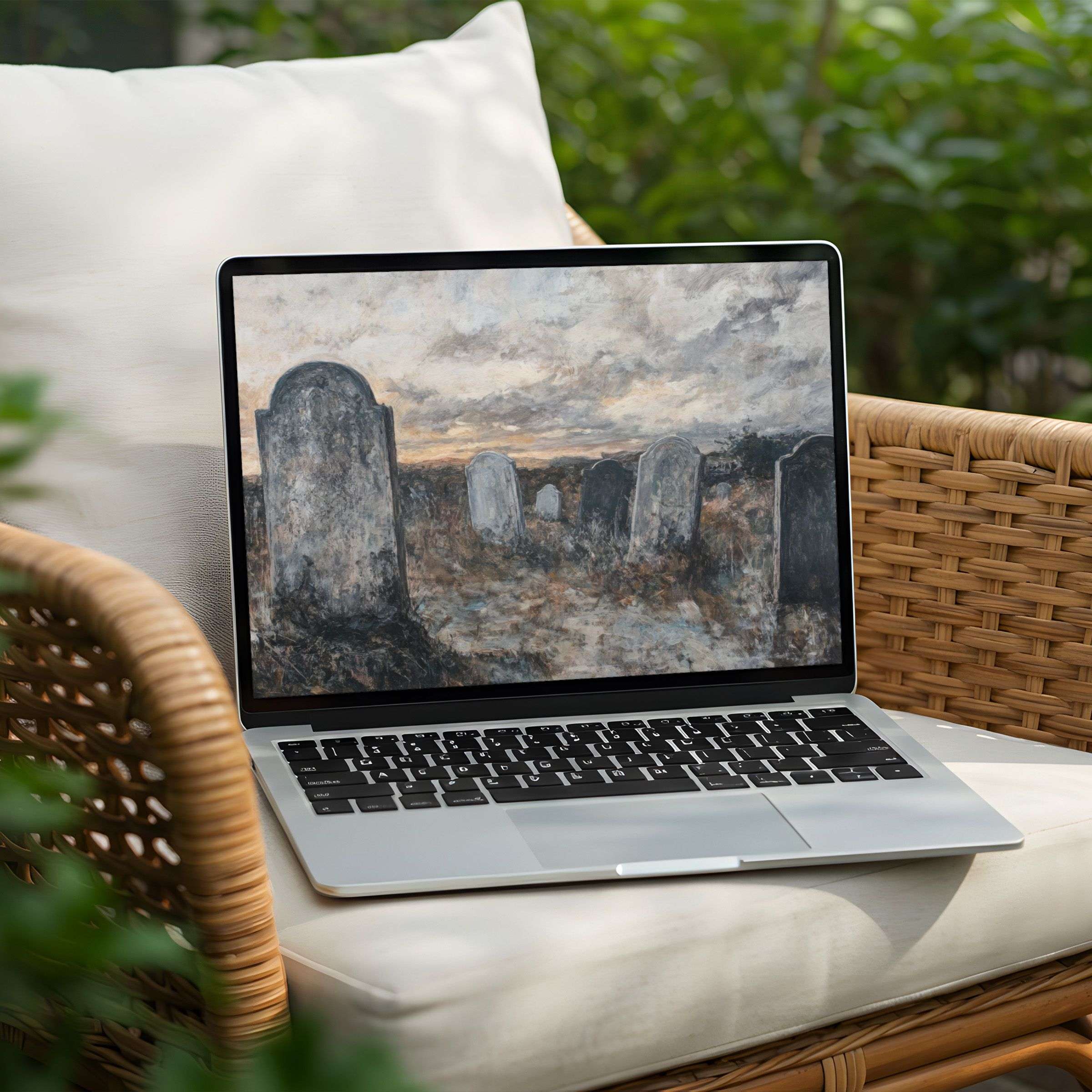 Calm, moody cemetery landscape on PC desktop background offers instant download for elegant mindfulness on any laptop screen