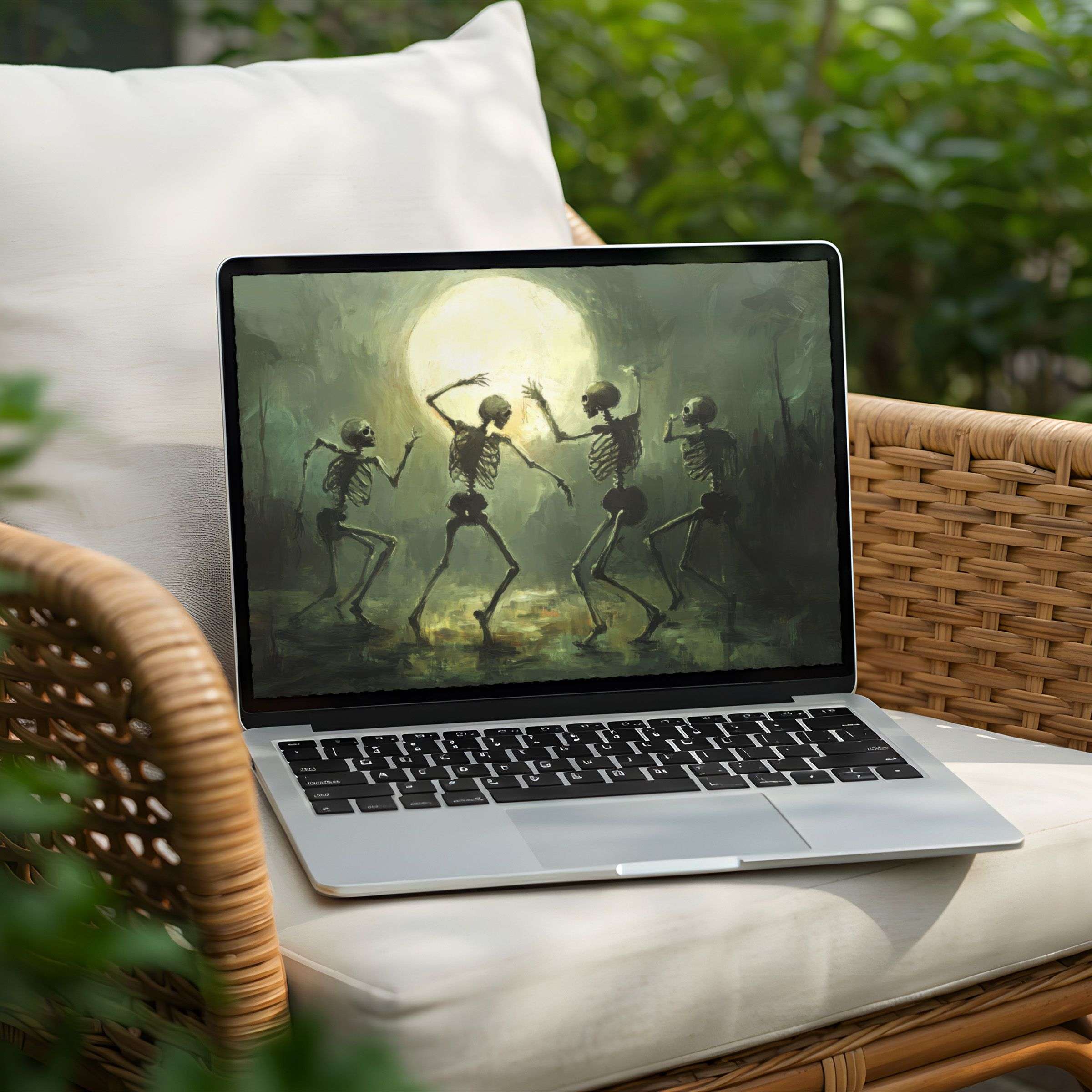 Elegant desktop background with dancing skeletons under a glowing moon for PC and Laptop instant download brings calm inspiration