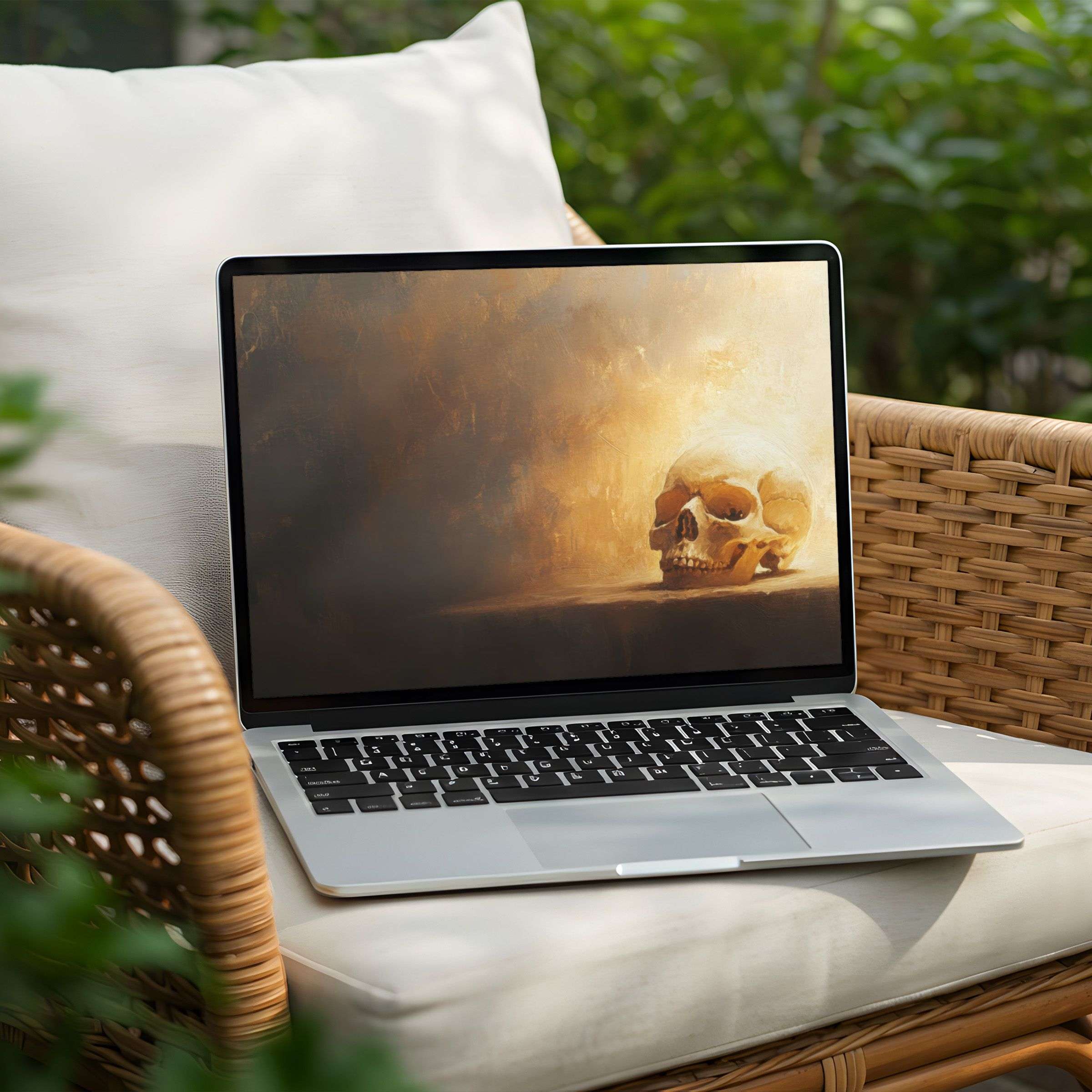 Elegant skull painting on a Laptop screen as a desktop background offers instant download for PC users seeking inspiration and calm