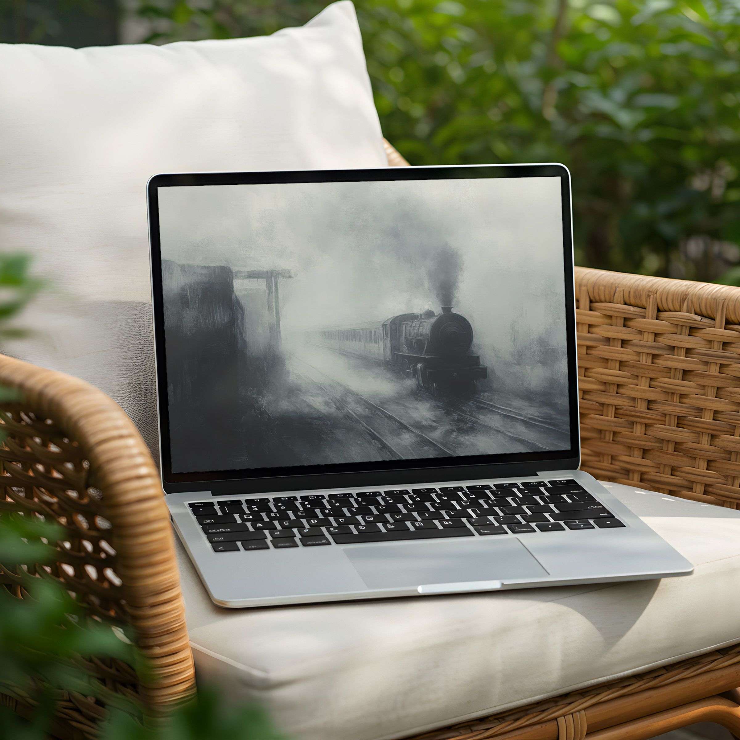 Elegant steam train artwork creates a calming desktop background for instant download on your PC or Laptop, inspiring mindfulness