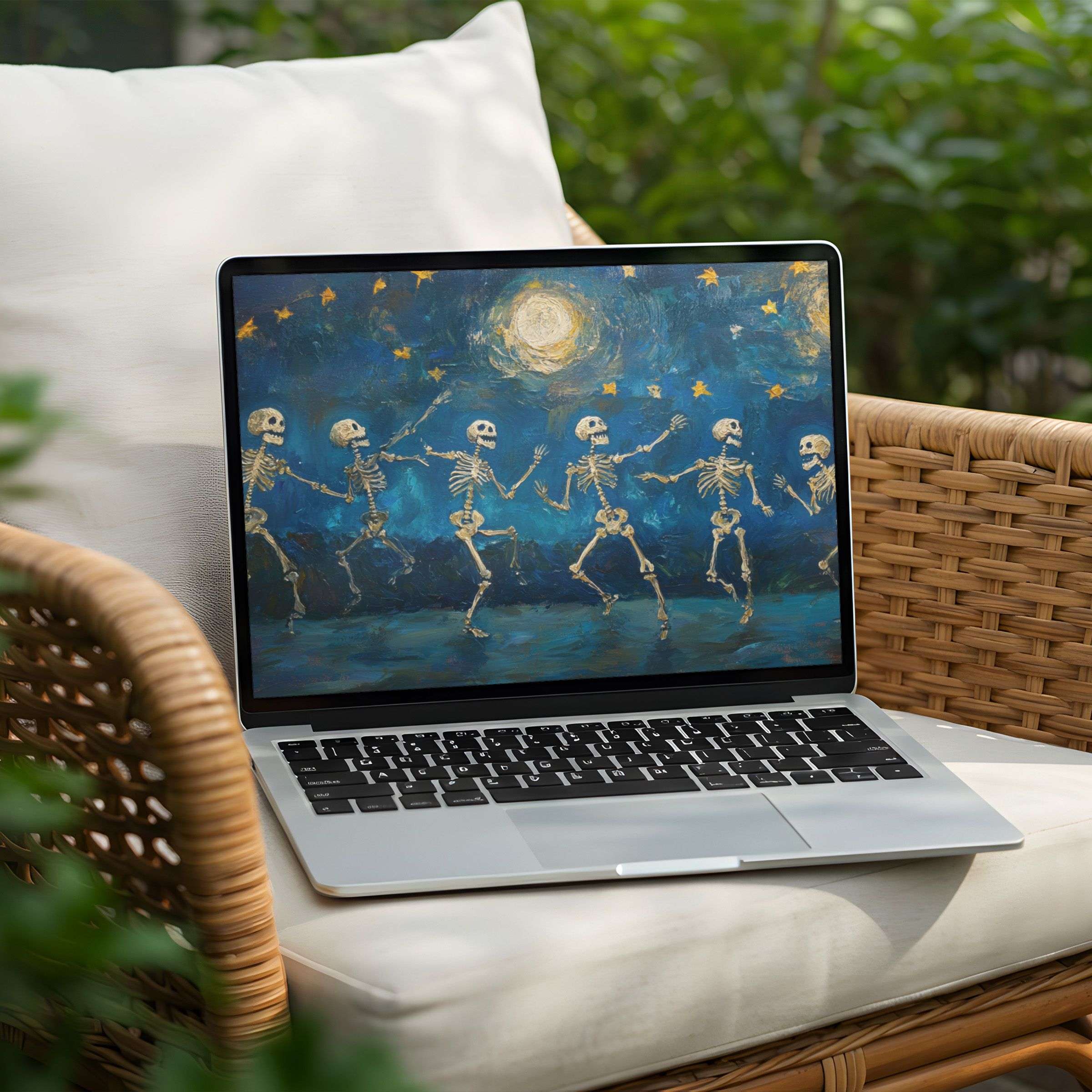 Serene starry night skeleton dance desktop background for PC or Laptop instant download for inspiration and mindfulness