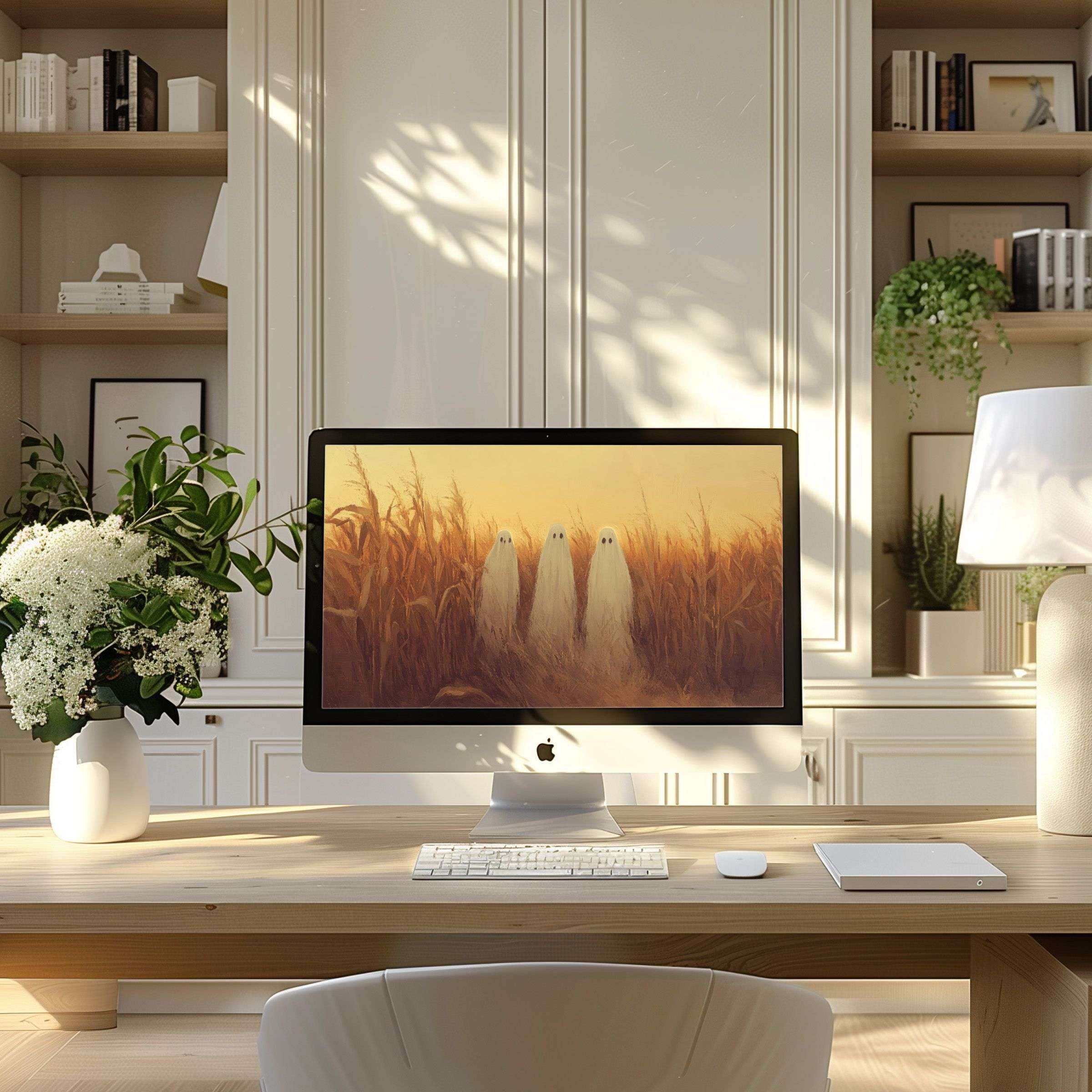 Inspiring wheatfield artwork as wallpaper for computer enhances elegance in a modern home office setting; ideal for PC and Laptop users