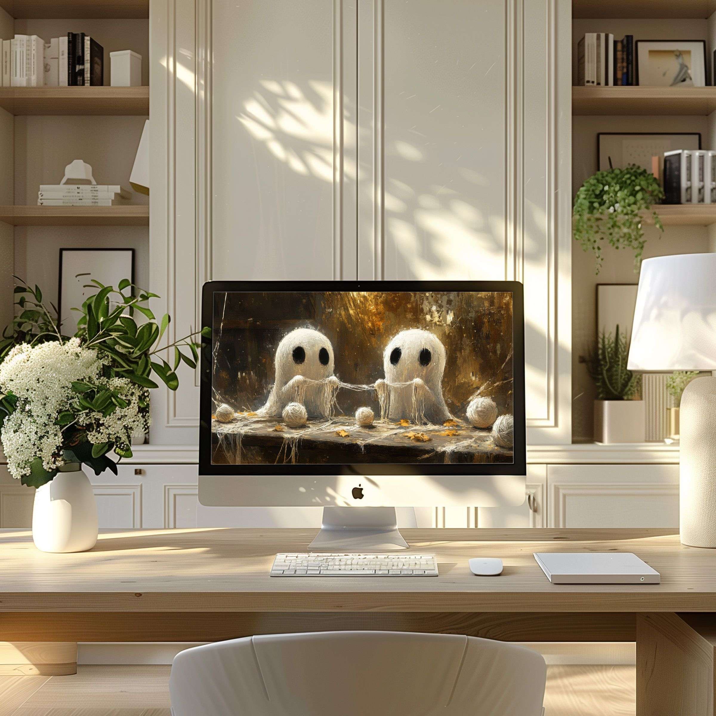 Elegant digital art with whimsical figures enhances calm, making it ideal as wallpaper for computer, PC, or laptop, fitting any decor