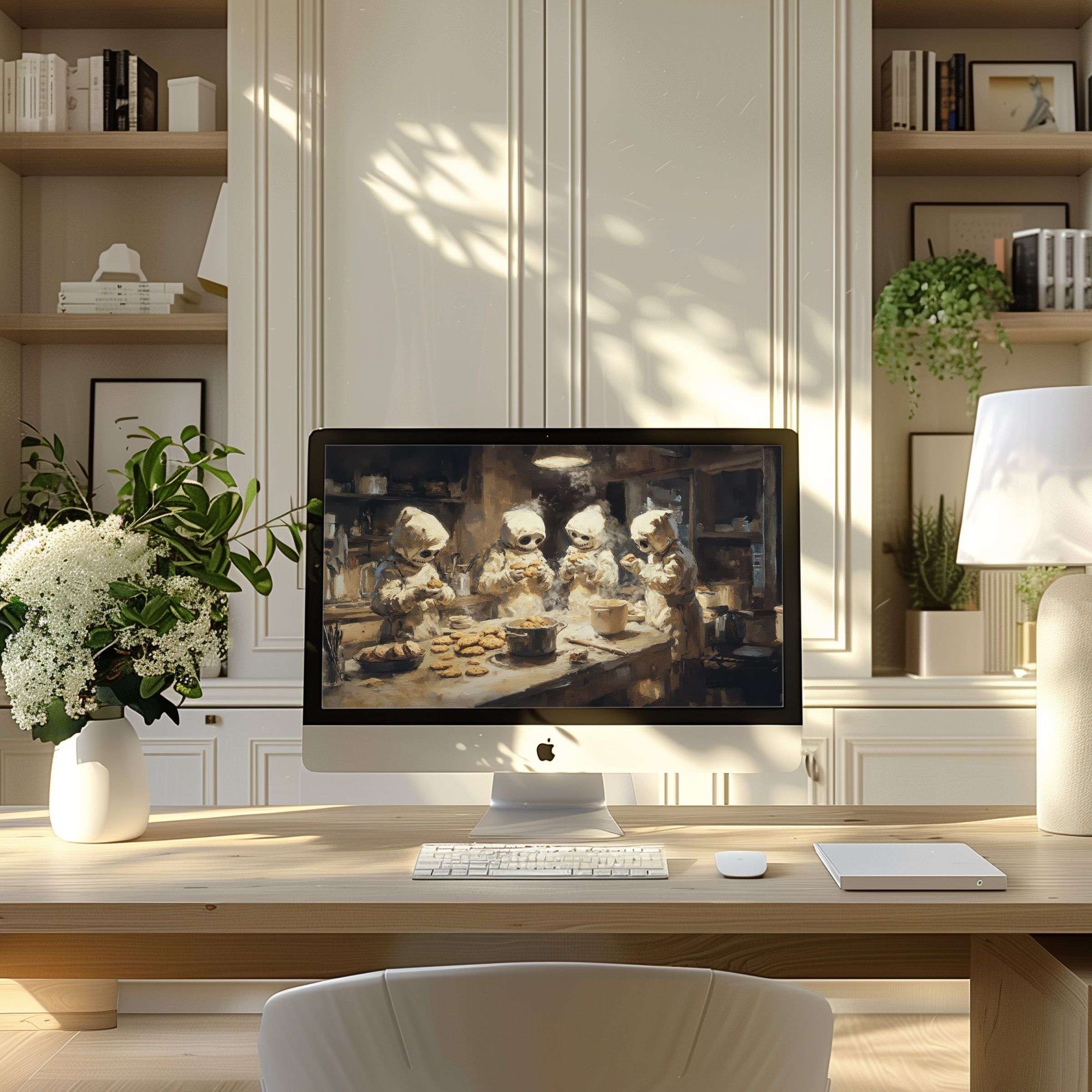 Elegant digital art wallpaper for computer featuring serene tones, fits PC and laptop, perfect for inspiring modern home office spaces