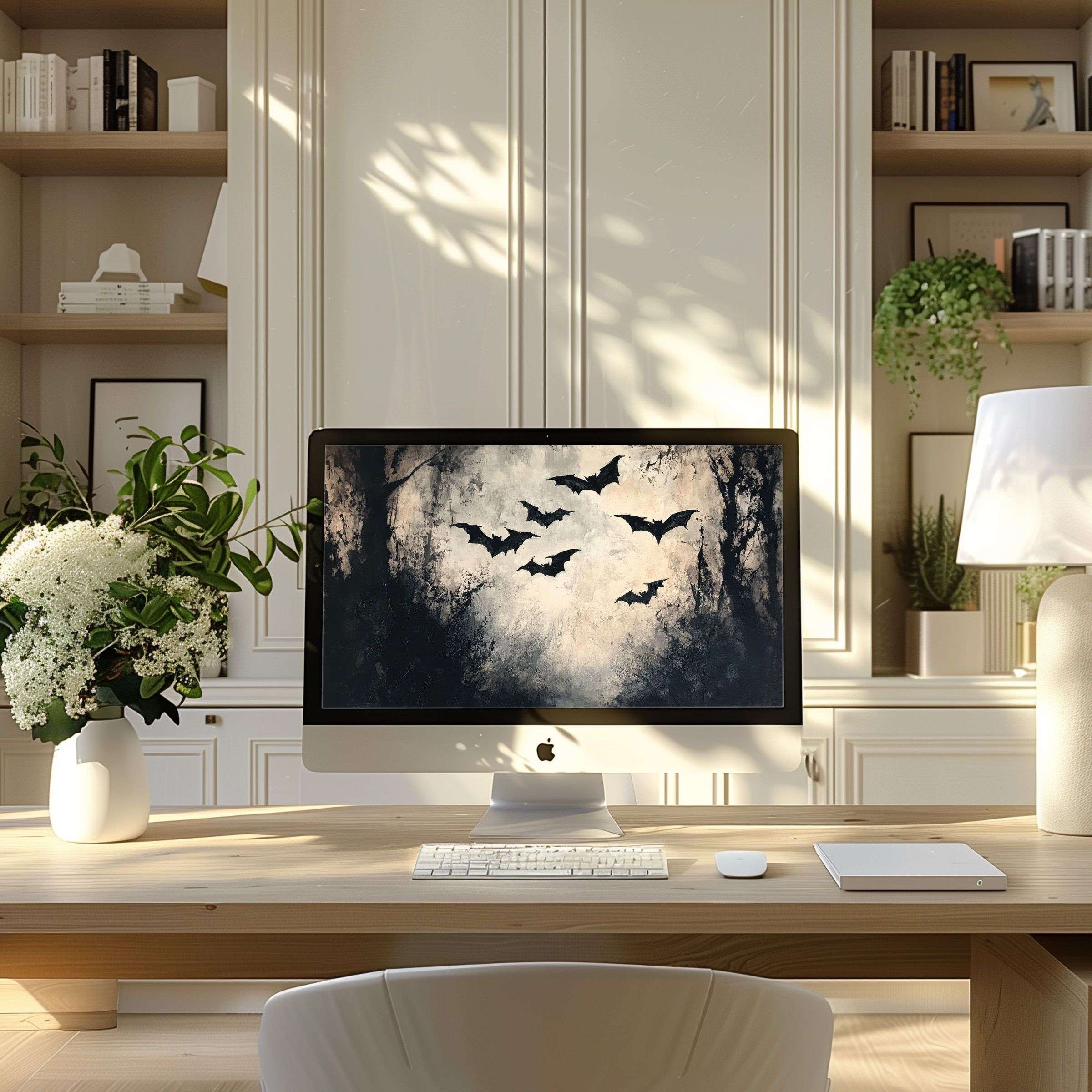 Elegant digital art bat motif as wallpaper for computer in modern home office, inspiring calm for PC and laptop users