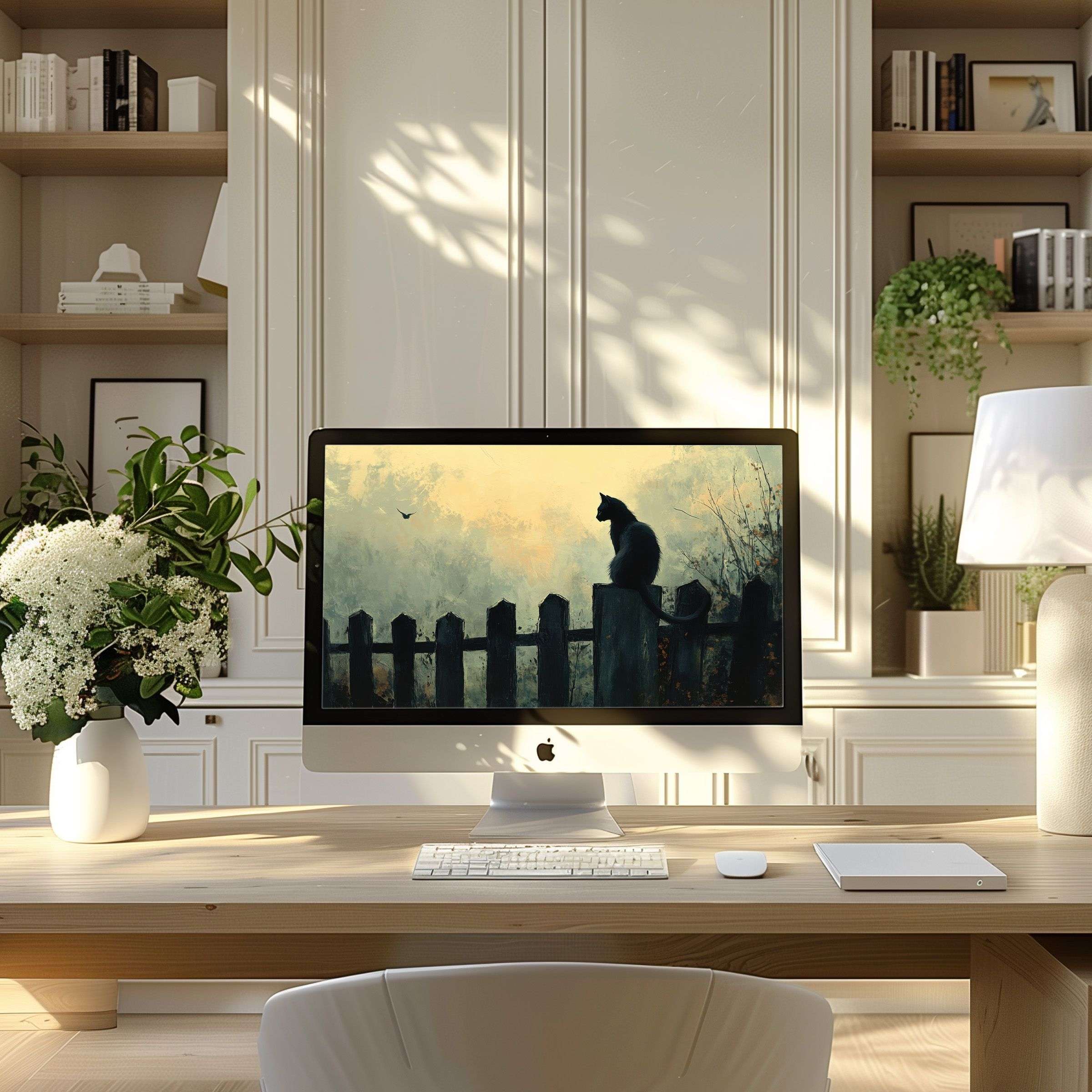 Elegant cat silhouette art as wallpaper for computer offers calm inspiration, ideal for any PC or Laptop in a modern home office
