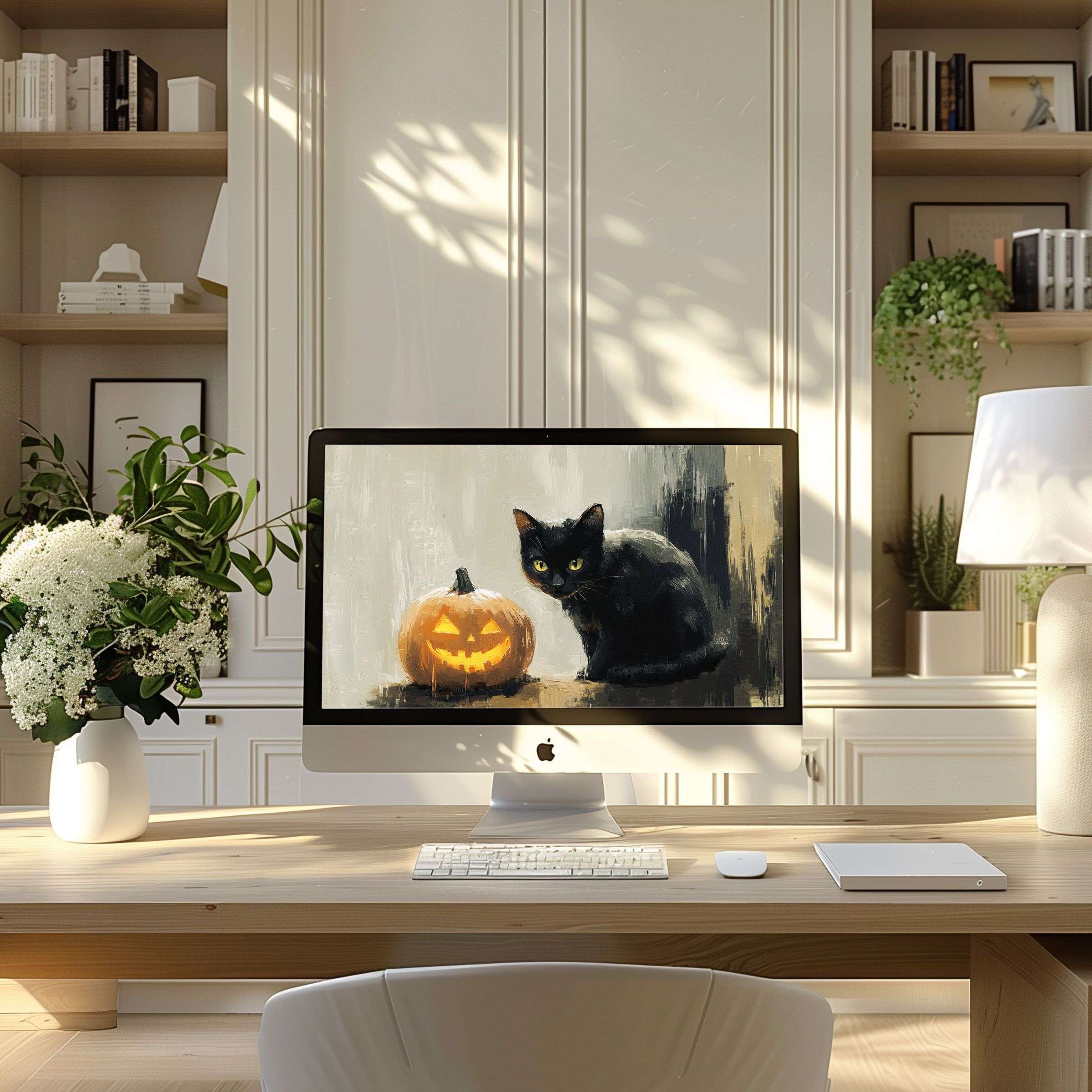 Elegant digital art of a black cat and pumpkin offers calm, inspiring wallpaper for computer, PC or laptop in modern home office