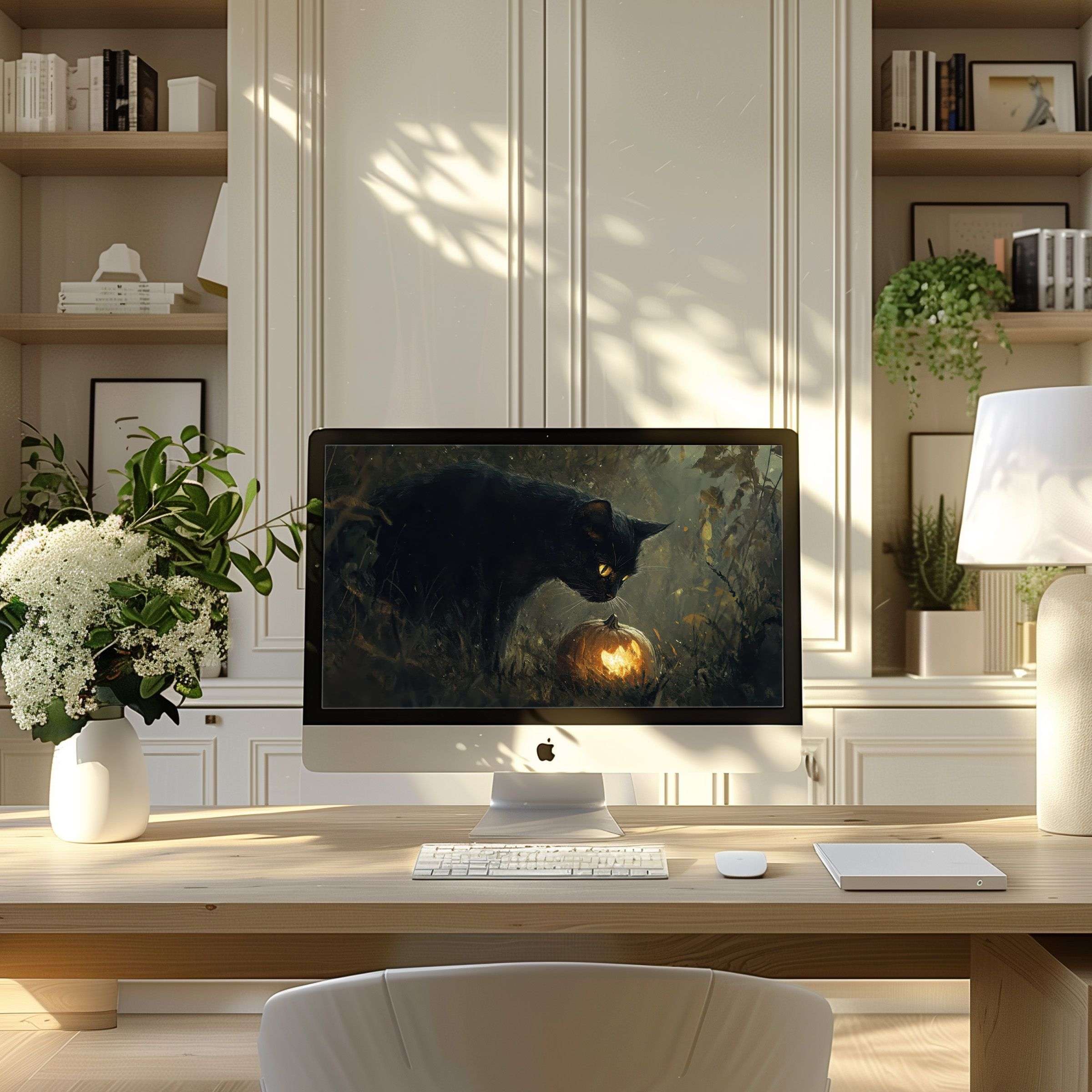 Elegant digital art wallpaper for computer adds calm and inspiration to modern home offices; fits PC, laptop, ultrawide screens