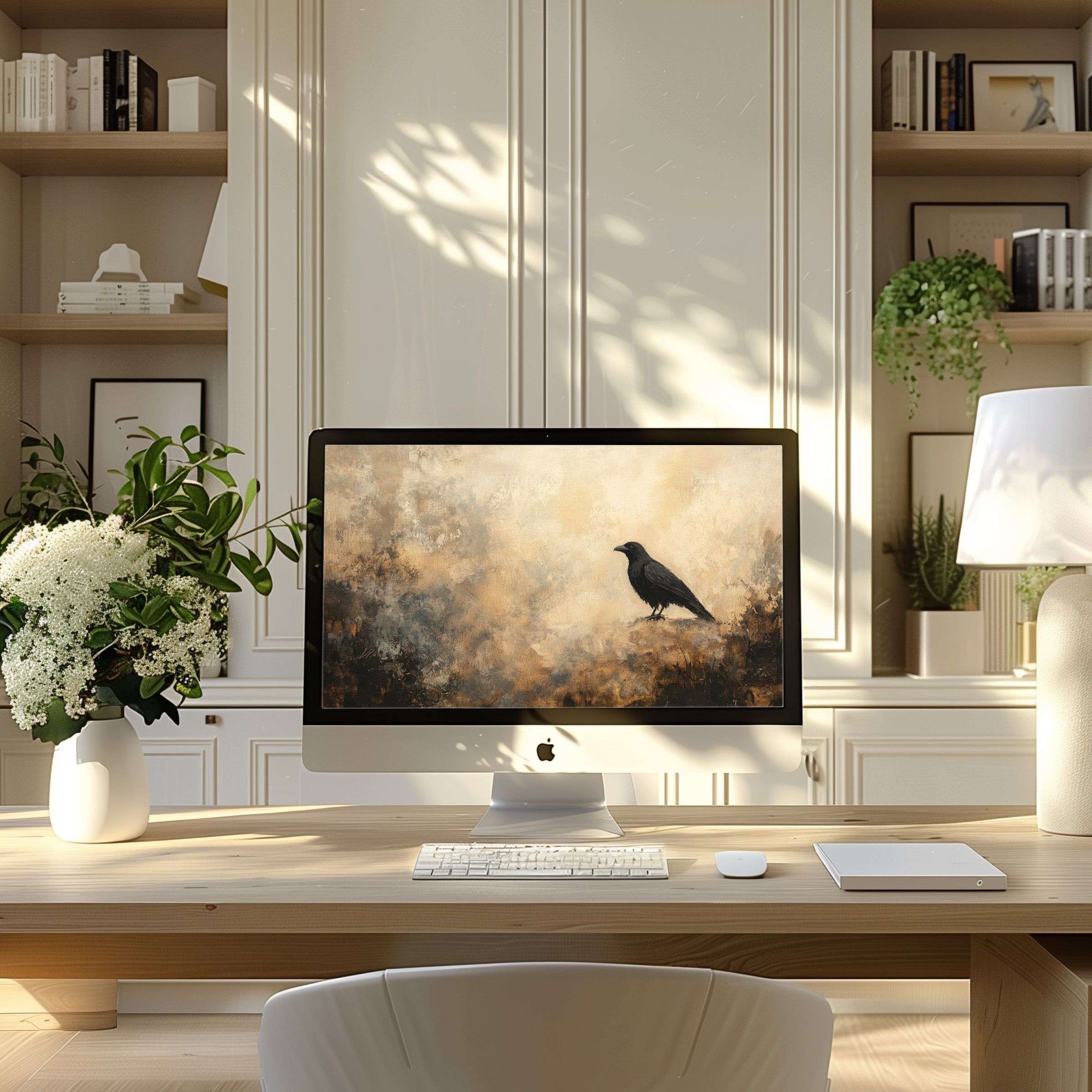 Elegant abstract crow motif wallpaper for computer creates a serene home office on any PC or laptop digital download