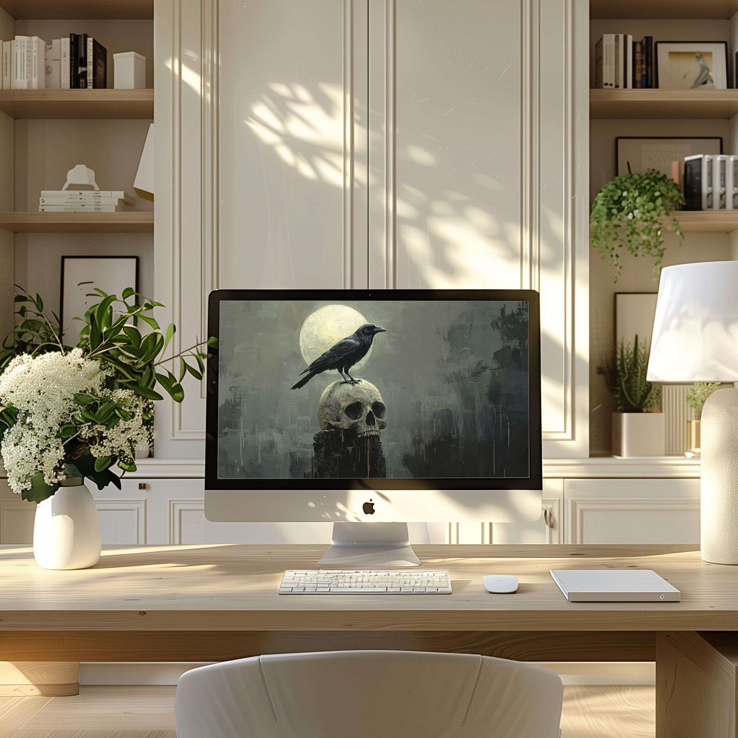 Elegant raven on skull art wallpaper for computer enhances your workspace, inspiring calm and sophistication for PC or laptop users