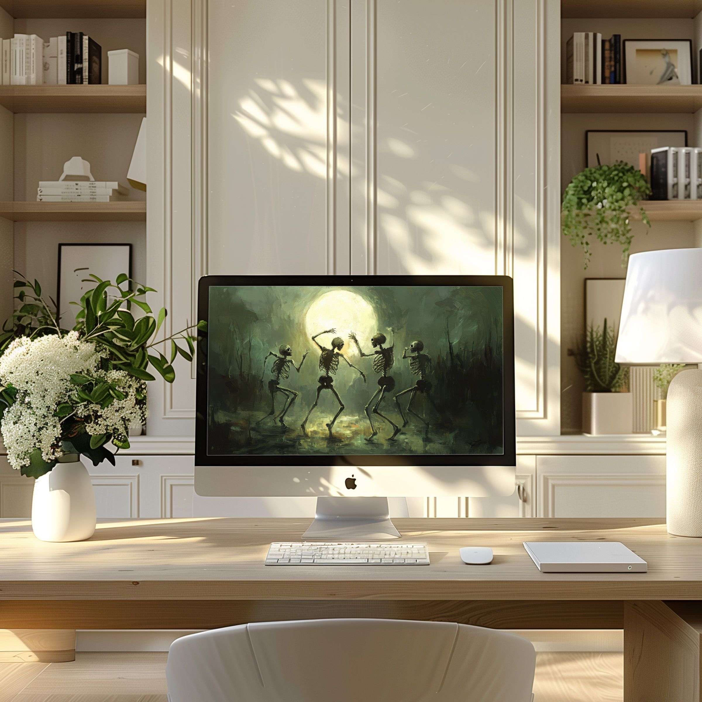 Elegant skeleton dance against moonlit night wallpaper for computer offers calm inspiration on PC or laptop modern setup