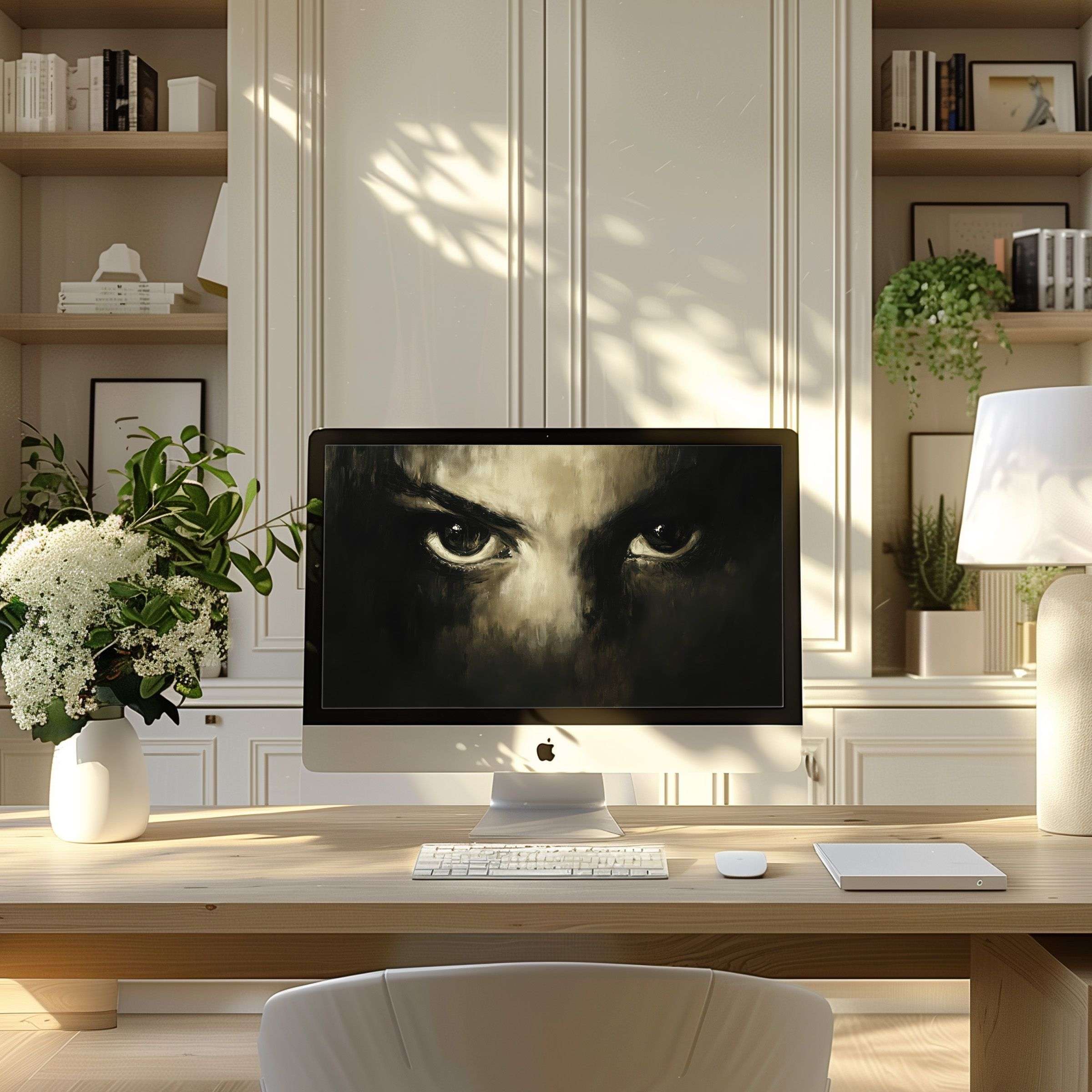 Elegant digital art wallpaper for computer inspires calm in a modern home office, perfect for PC or laptop use