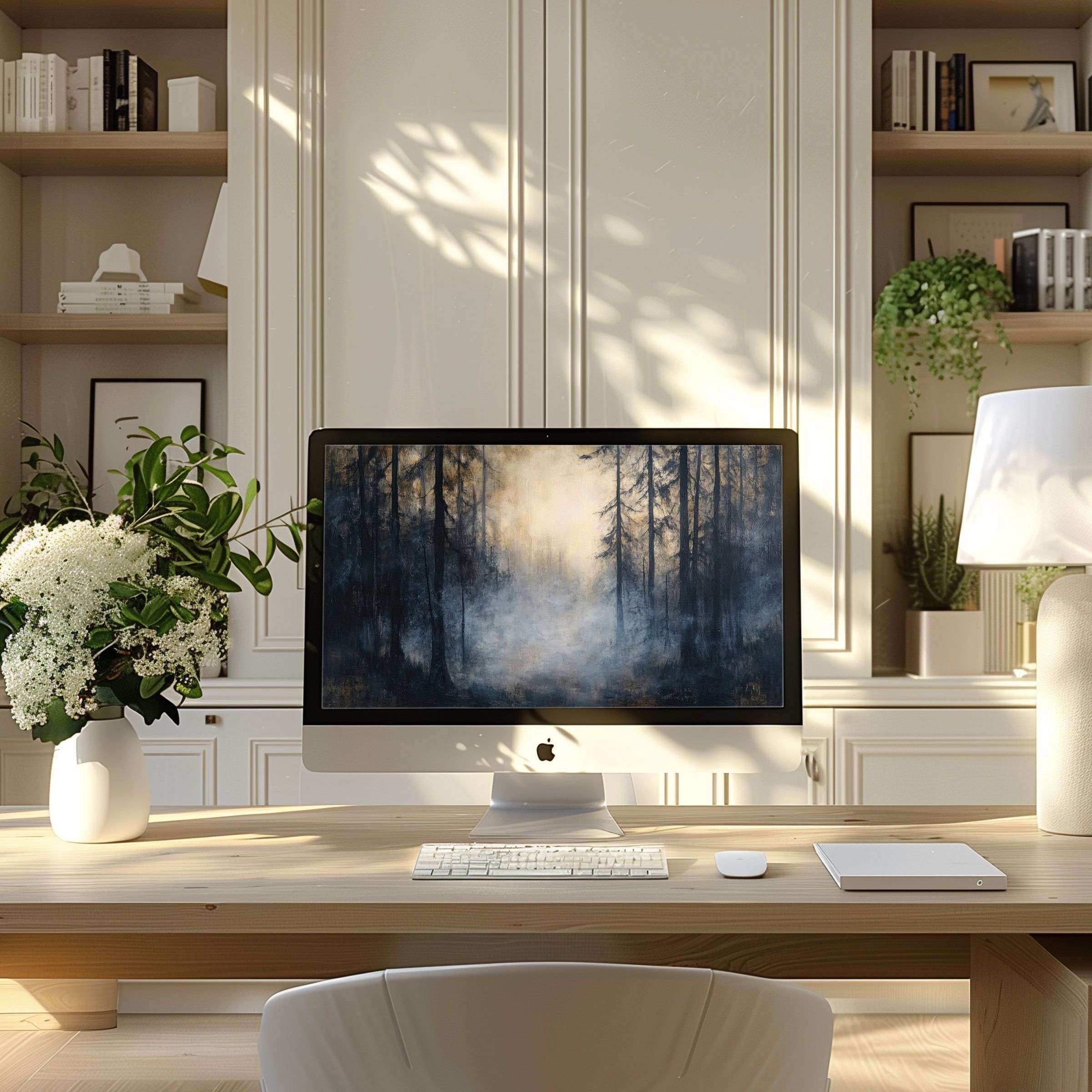Misty forest wallpaper for computer brings calm elegance to any modern home office, perfect for PC, laptop, ultrawide displays