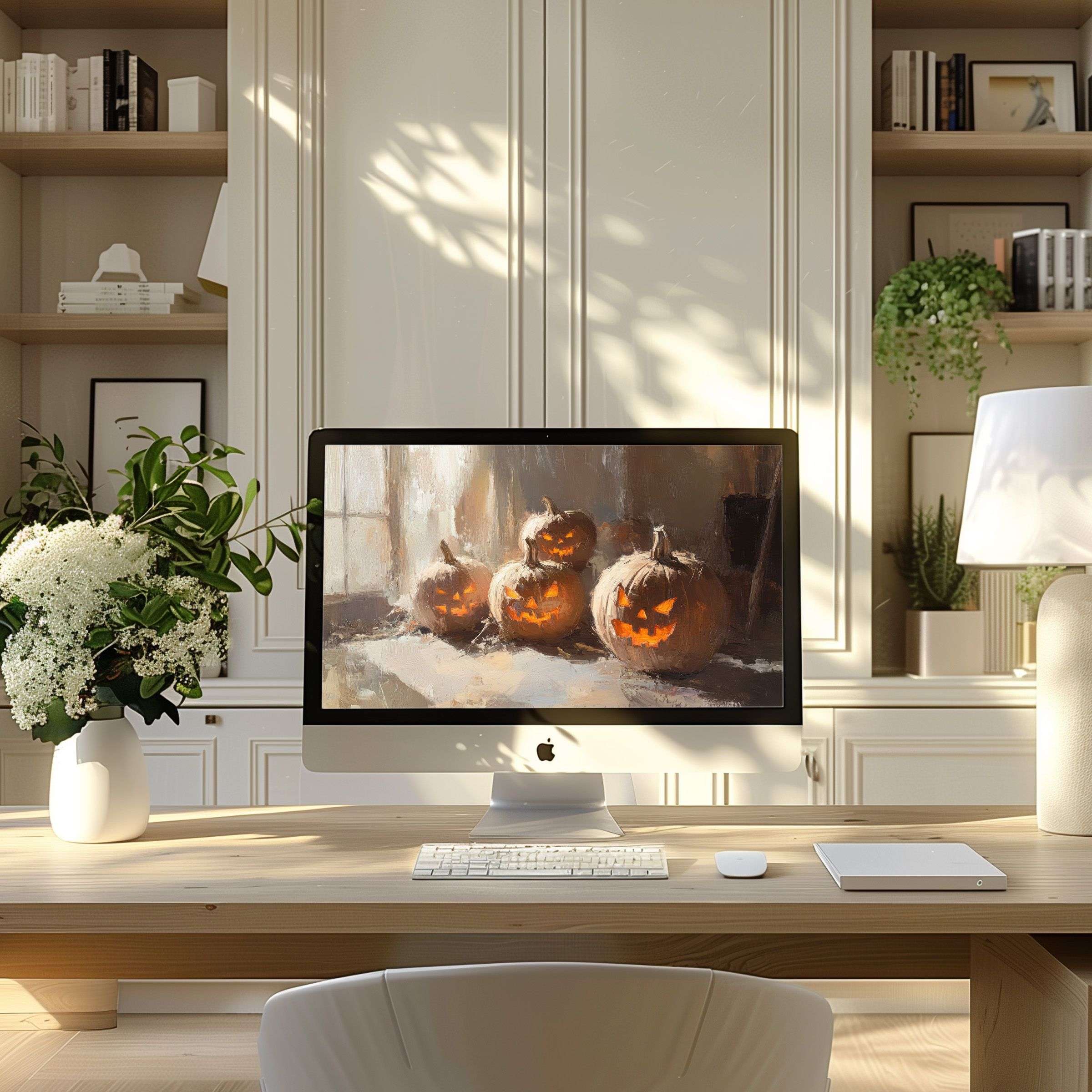 Elegant digital art of glowing pumpkins as wallpaper for computer enhances modern home office decor for PC and Laptop users