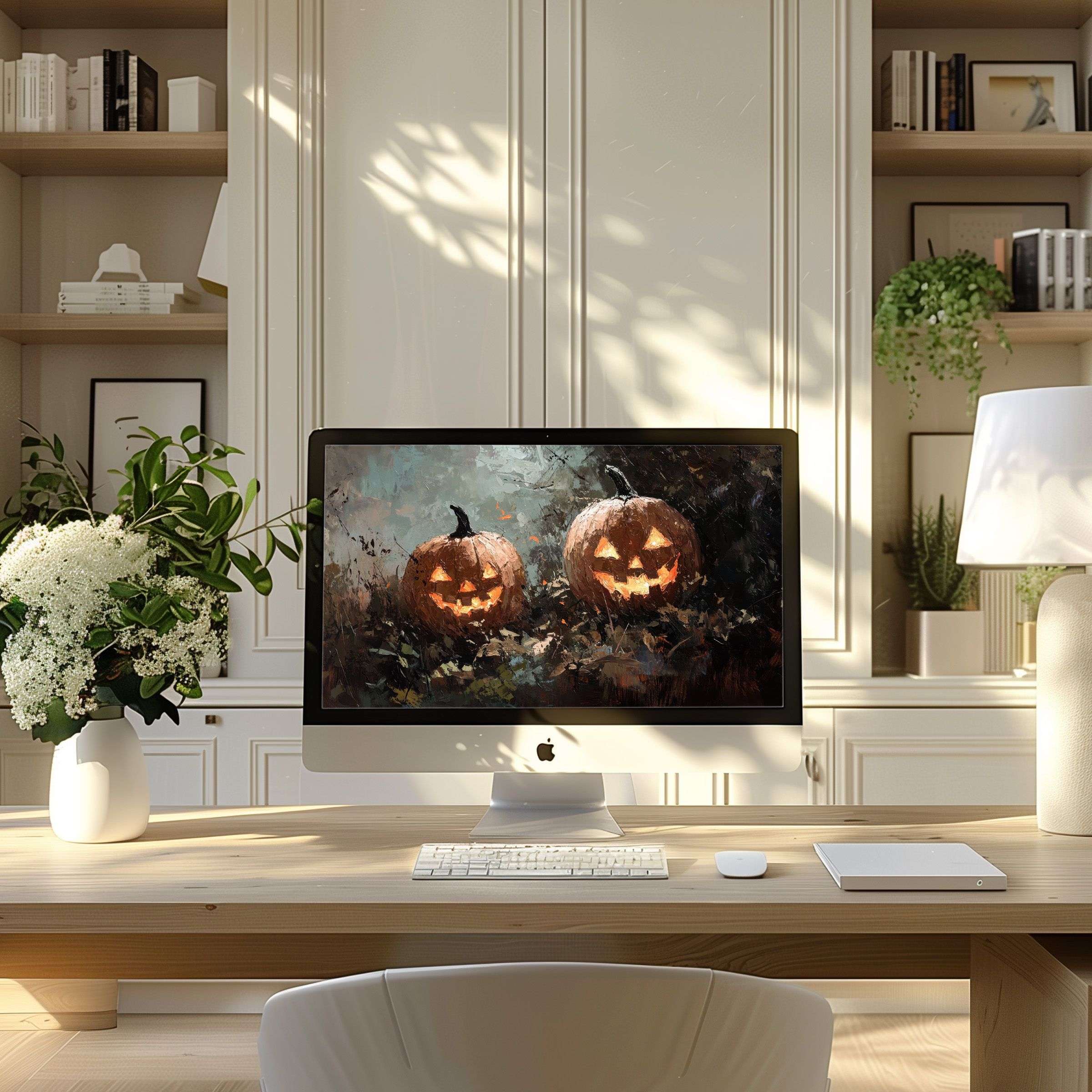 Elegant digital art with autumn hues enhances a modern desk with a calming pumpkin motif wallpaper for computer PC or laptop download