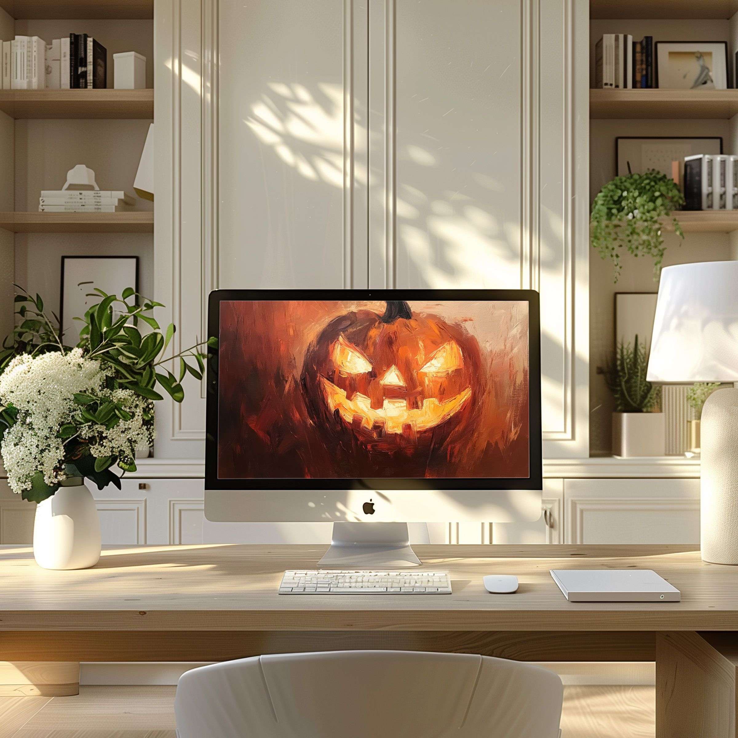 Elegant modern home office with a digital painting of a glowing pumpkin on a computer screen ideal wallpaper for PC and Laptop χρήση
