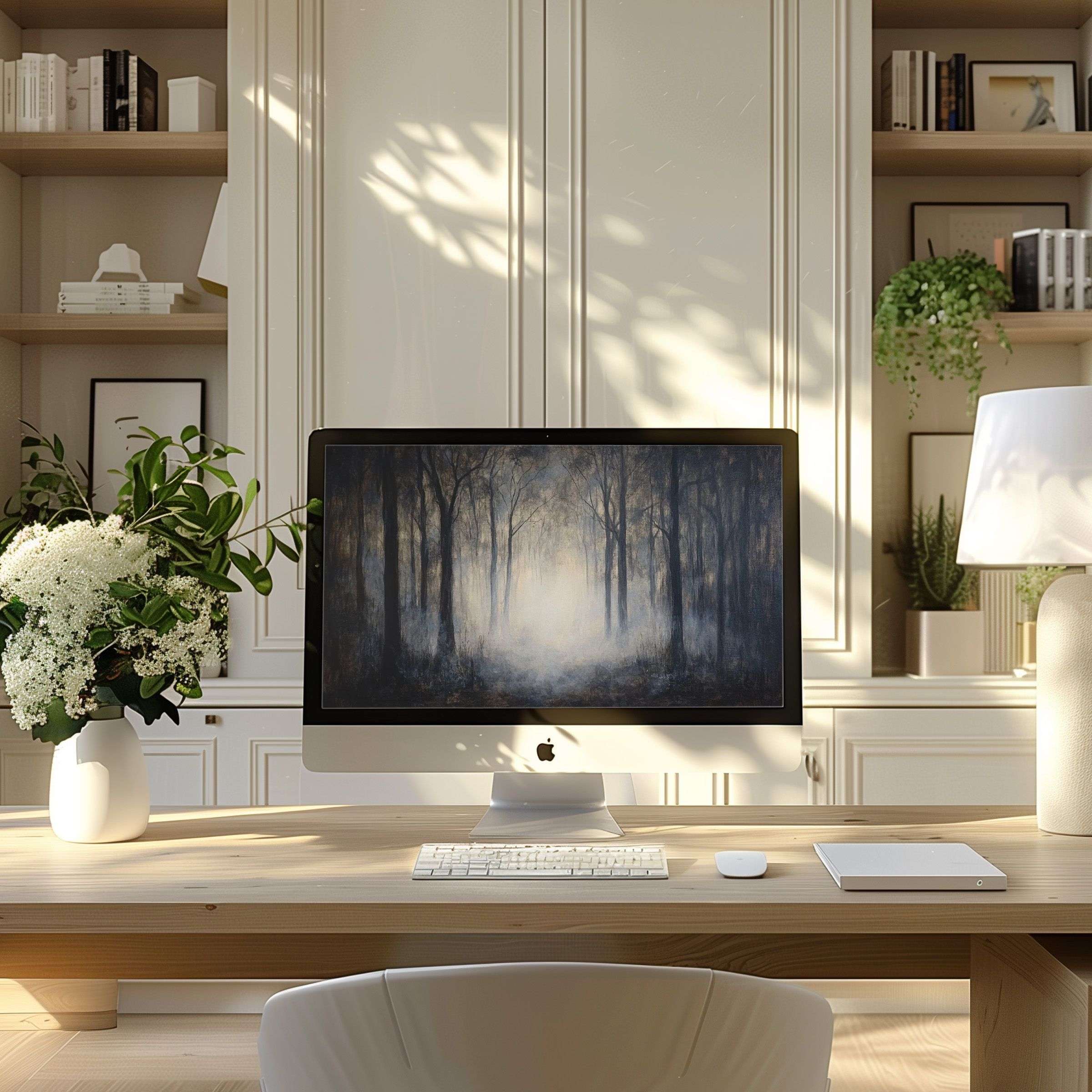 Elegant forest scene as computer wallpaper evoking calm and inspiration, perfect for PC or laptop in a modern home office setting