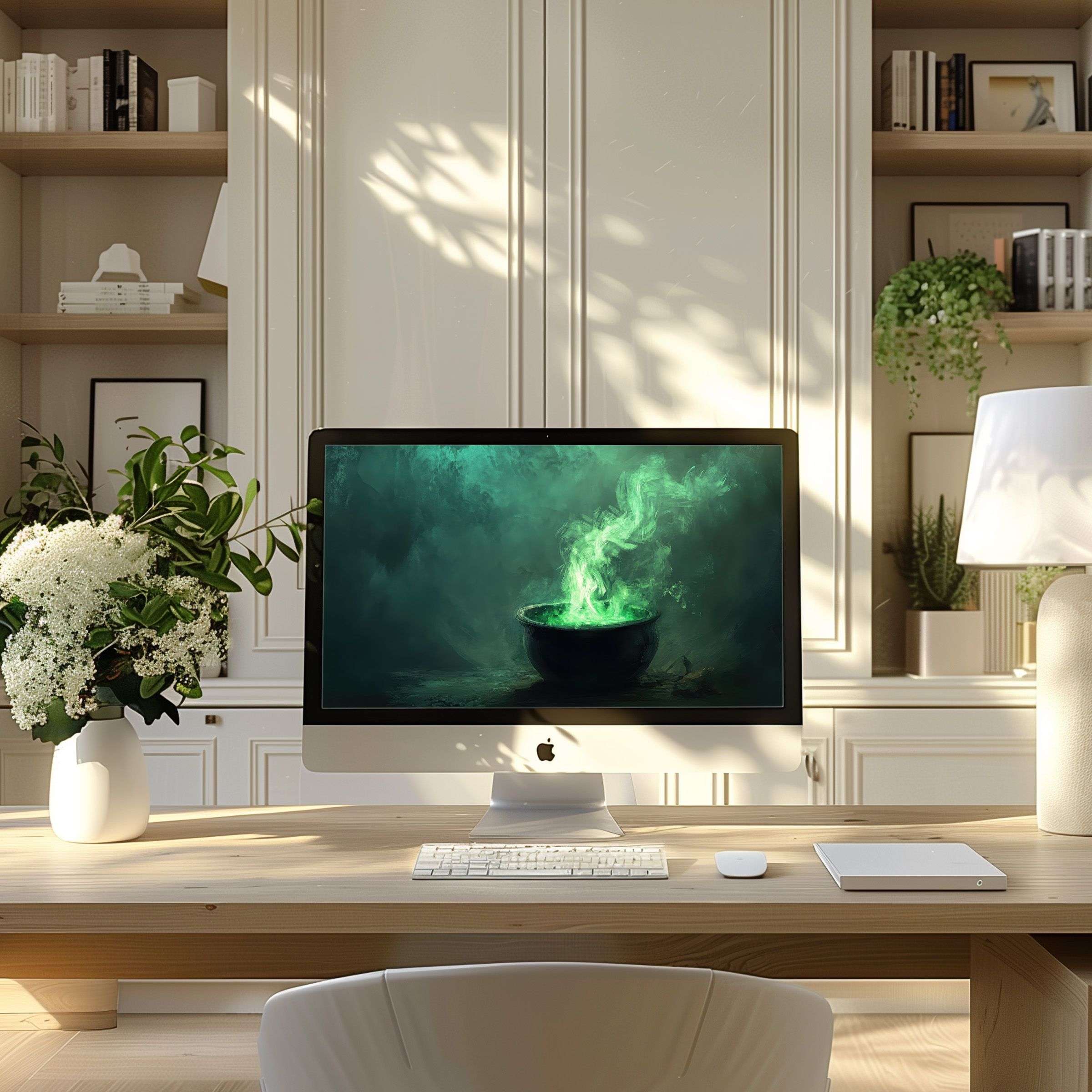 Elegant digital art with ethereal green mist, perfect as a wallpaper for computer, PC, or laptop, inspiring modern home office tranquility