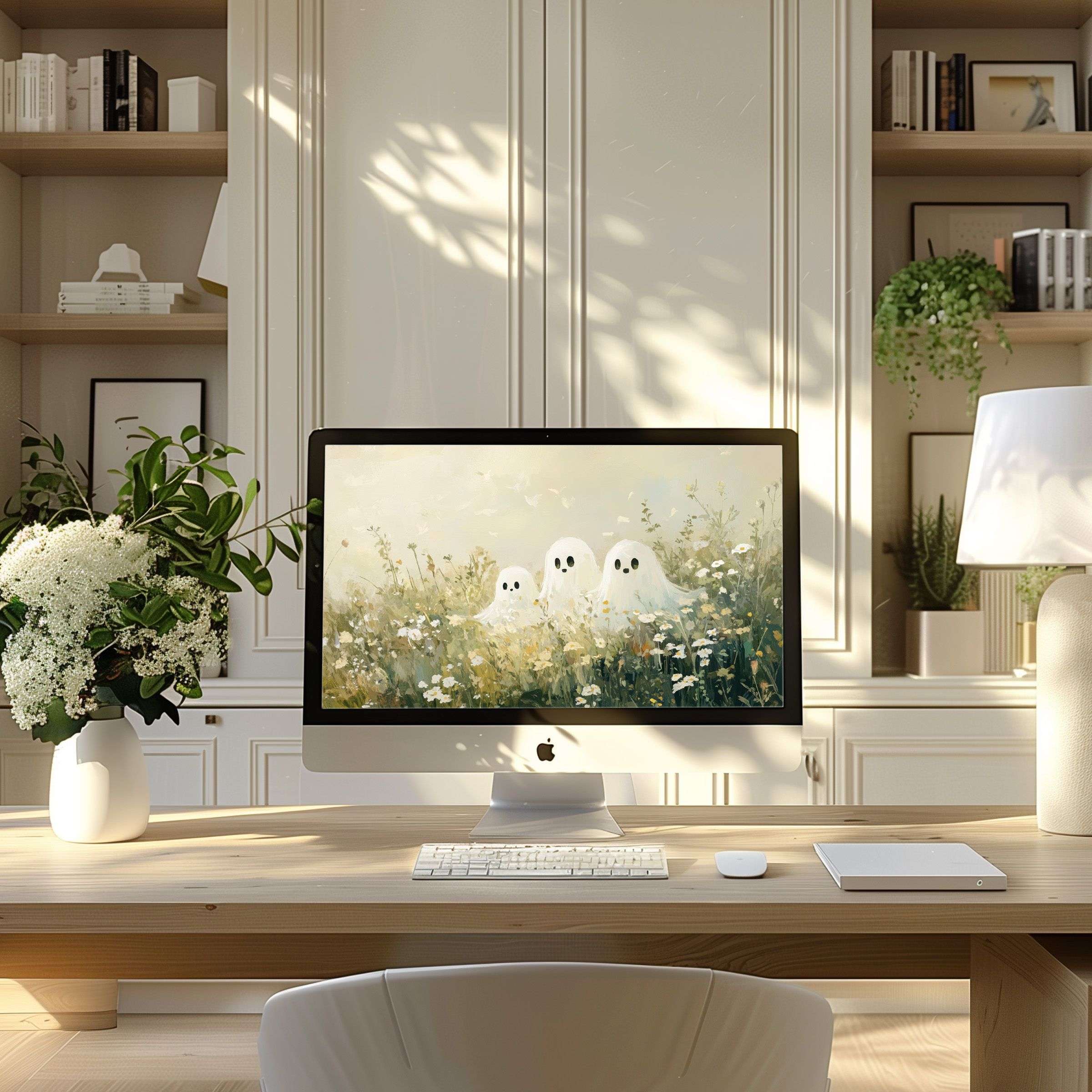 Elegant ghosts in a floral meadow offer calm inspiration as a wallpaper for computer, PC, and Laptop in a serene home office