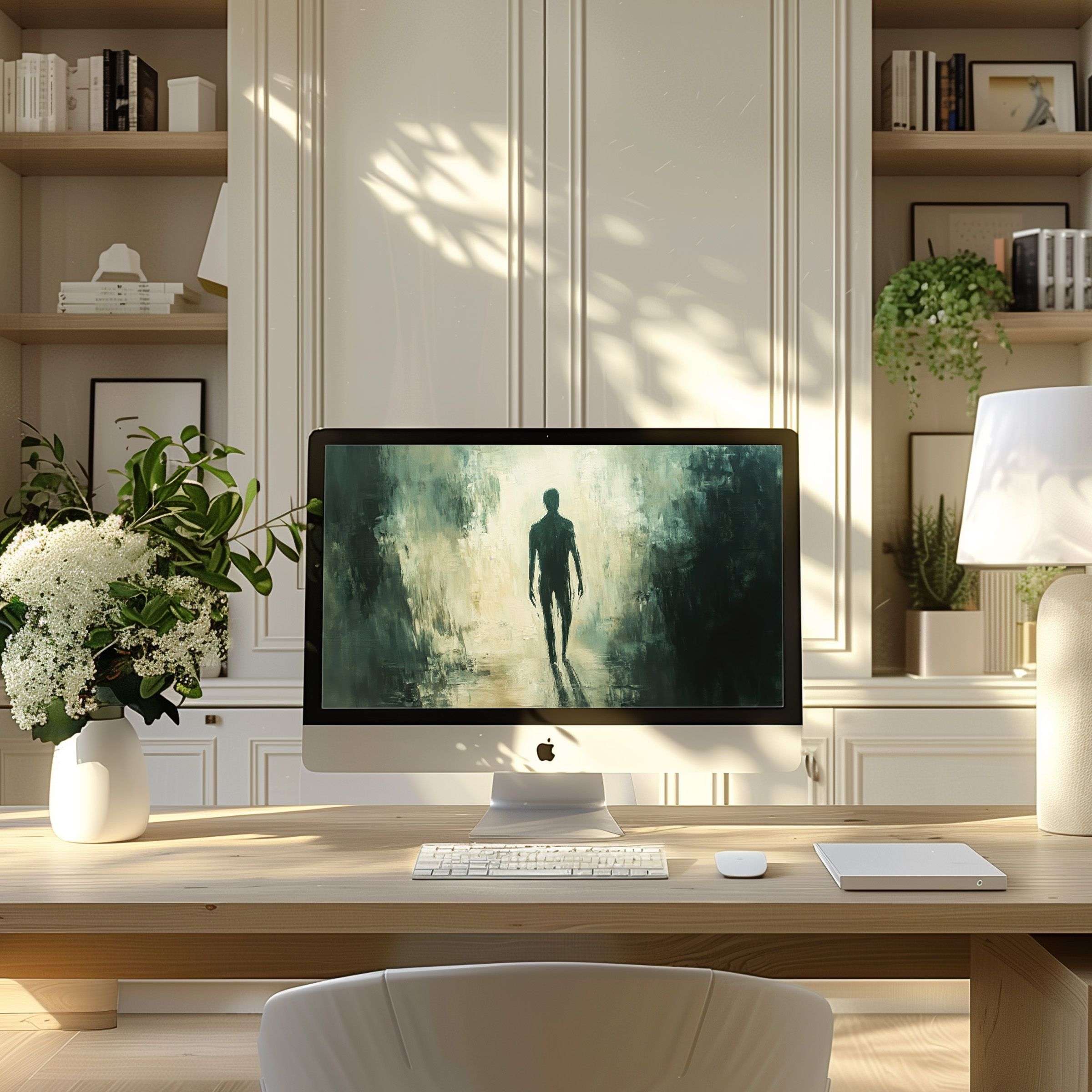 Elegant digital art wallpaper for computer adds calm and inspiration to a modern home office, perfect for PC and laptop use