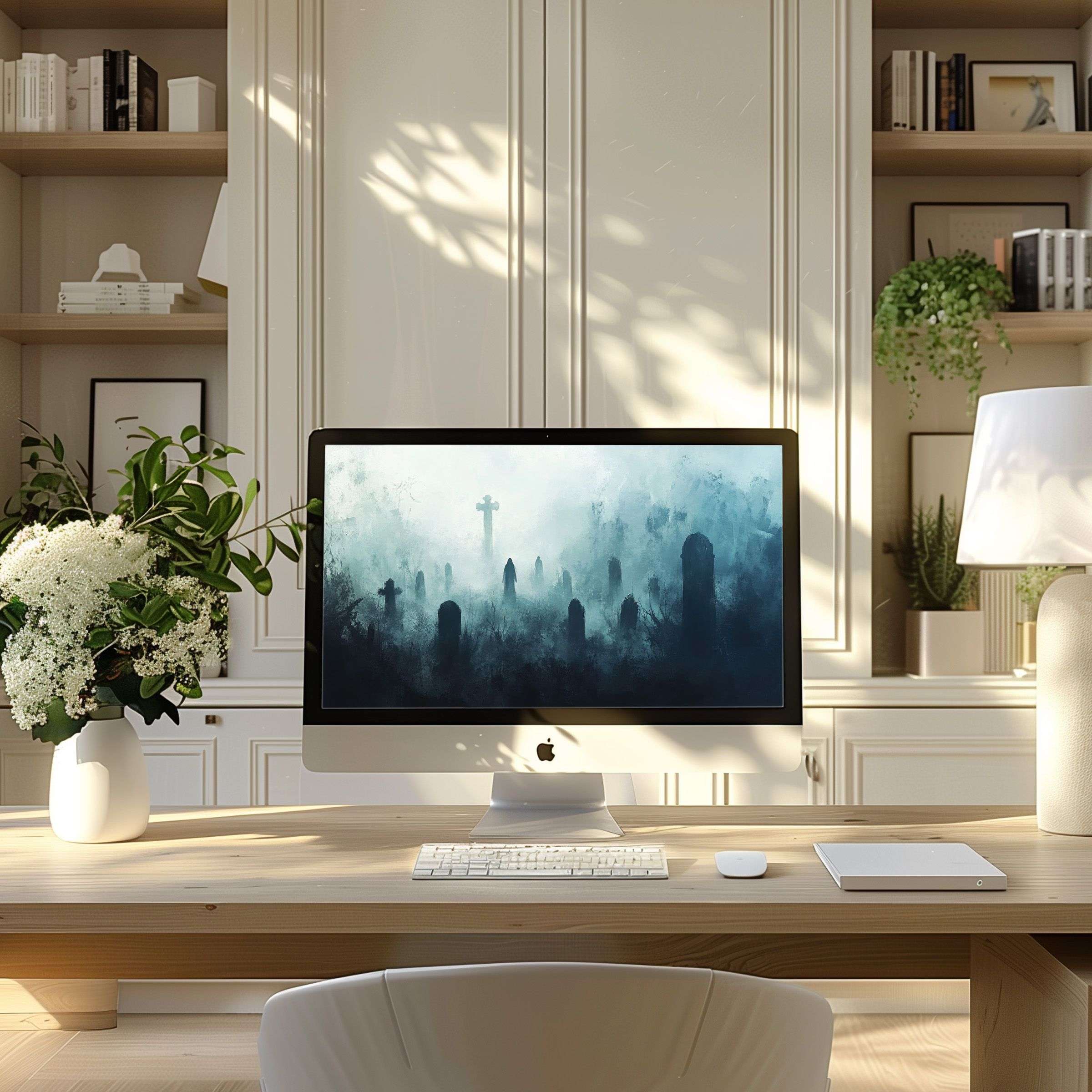 Serene misty landscape wallpaper for computer creates calm elegance, perfect for PC or laptop in stylish, modern home office