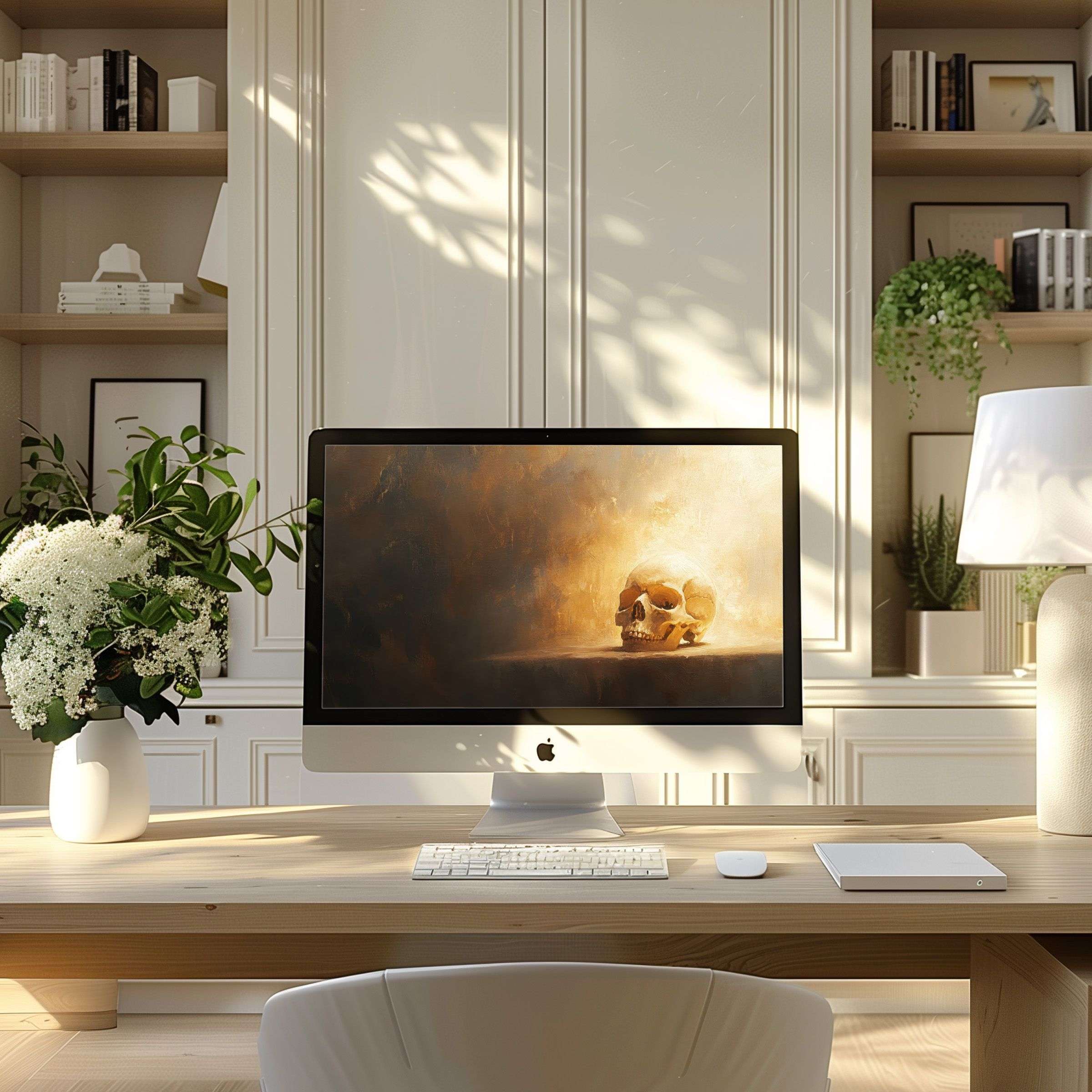 Elegant wallpaper for computer with a serene skull motif inspires calm in modern home offices for PC and laptop users