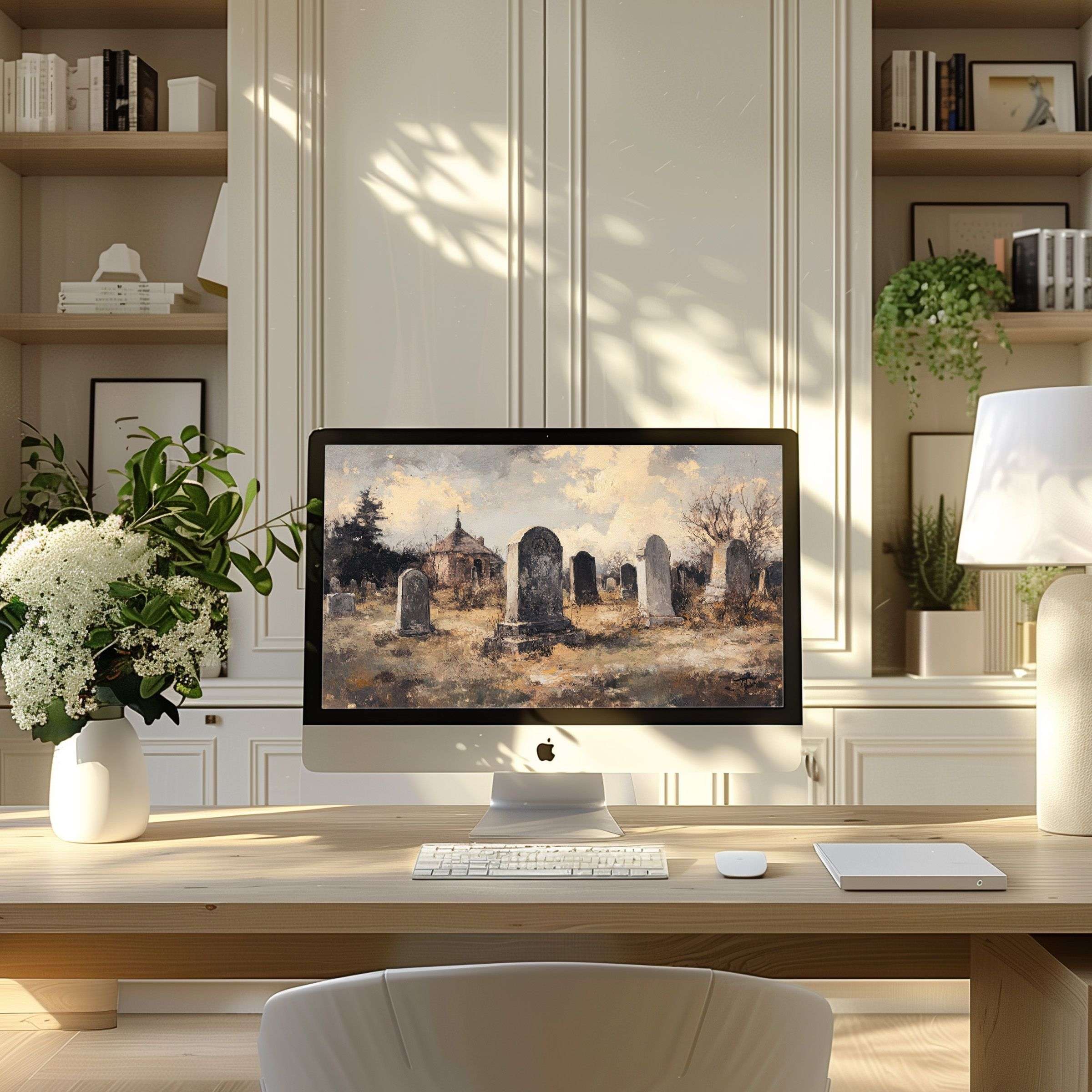 Elegant landscape wallpaper for computer on desk in serene, modern home office enhances PC and Laptop calm and inspiration