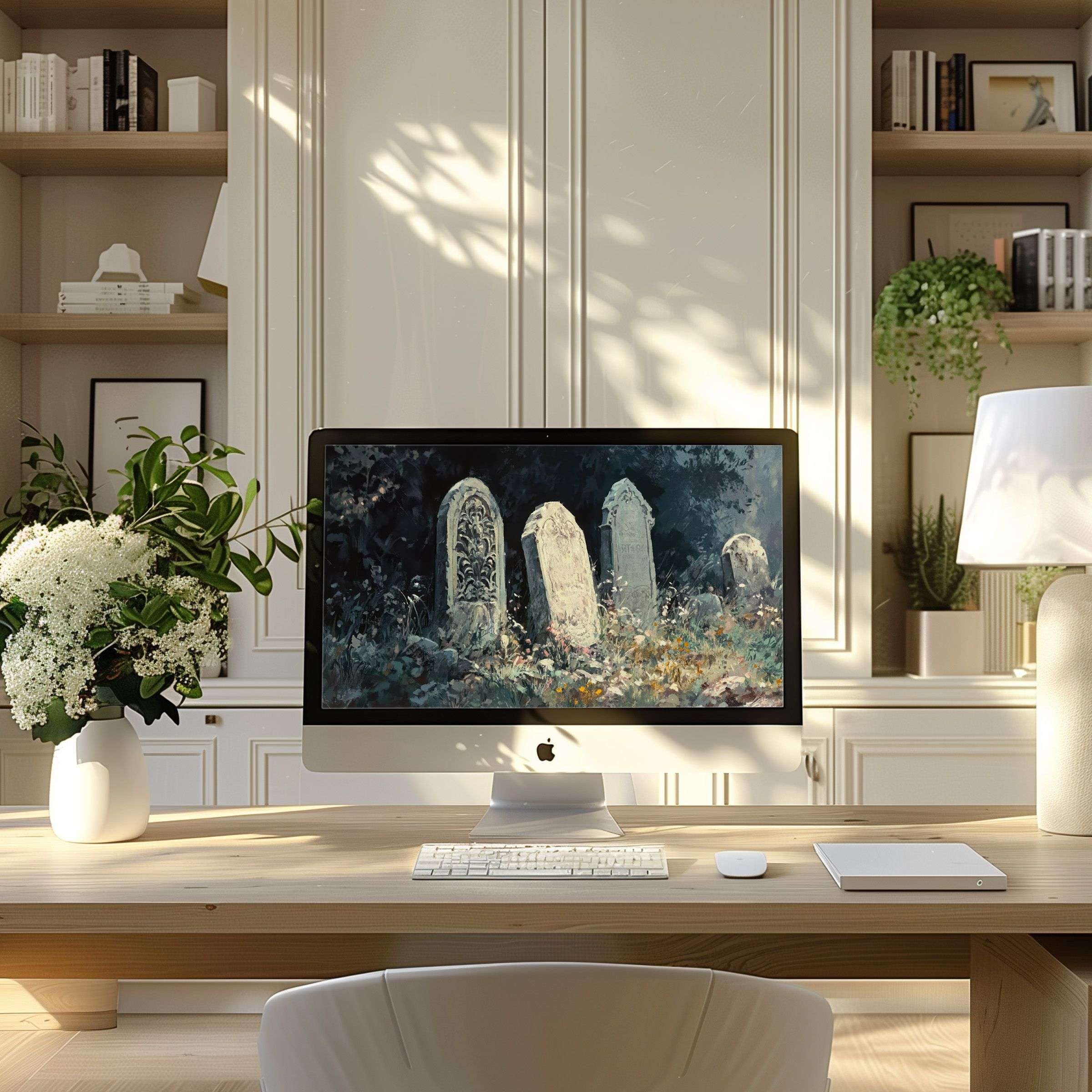 Elegant digital art wallpaper for computer showcasing serene nature motifs, perfect for PC or Laptop, inspiring modern home office ambiance