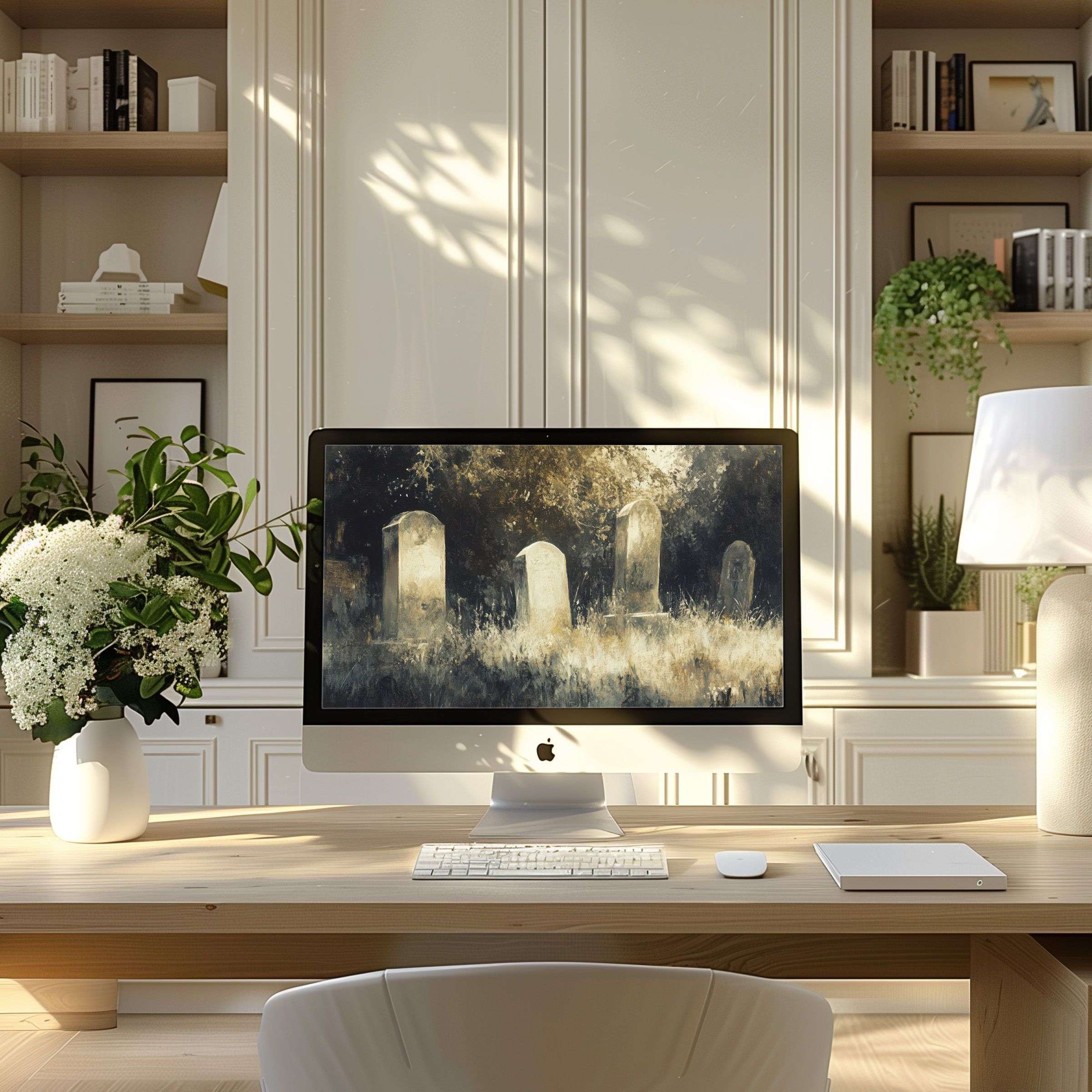 Elegant abstract art on a serene office monitor offers a calm wallpaper for computer perfect for PC, Laptop, and ultrawide display